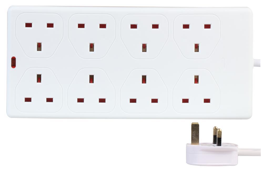 8 Gang 2m Mains Extension Lead Socket 13A - White