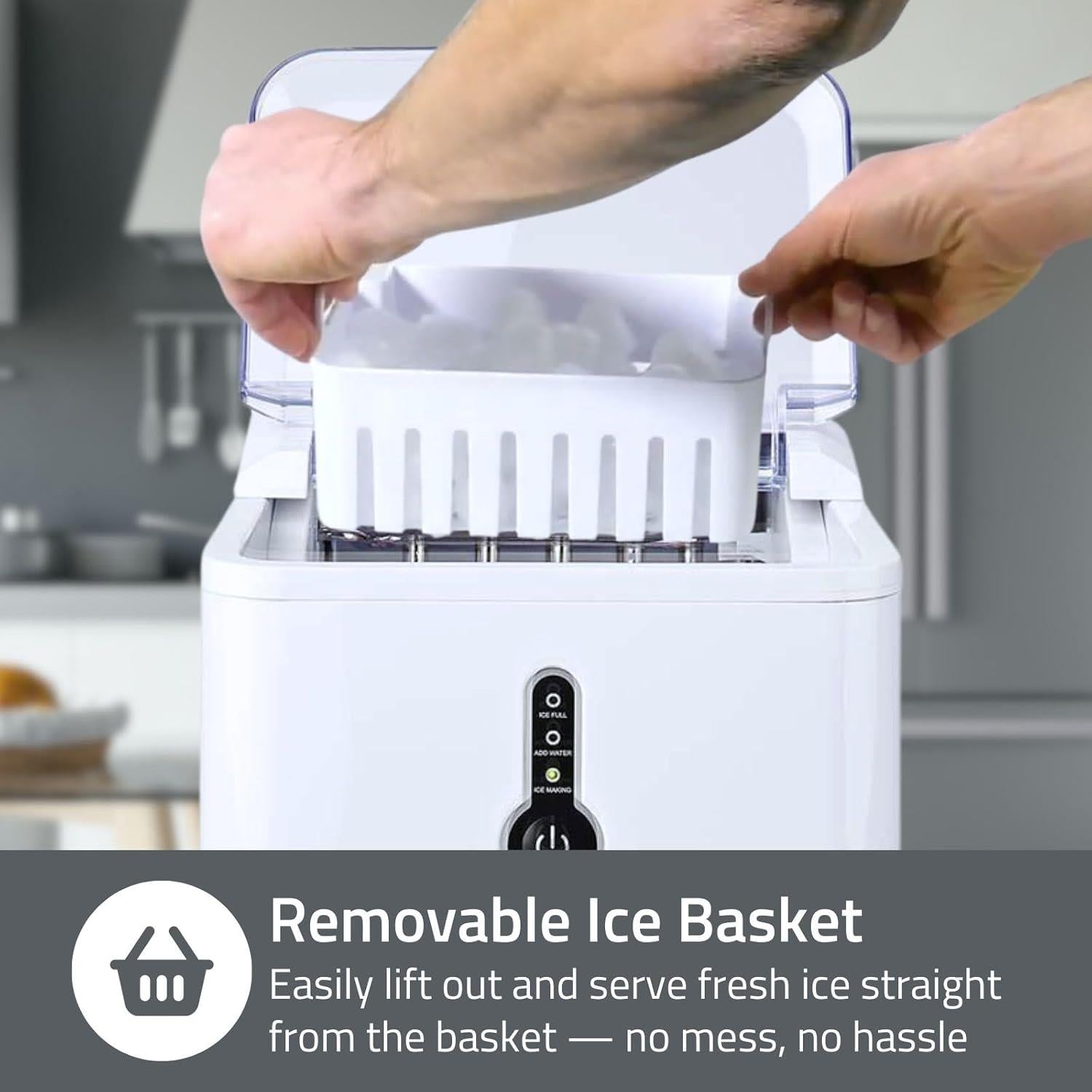 Nedis Ice Maker, Countertop Machine With 1.6L Tank, Up to 12 kg of Ice in 24hrs, Includes Removable Basket, Produces Ice Cubes in 8 Minutes - White
