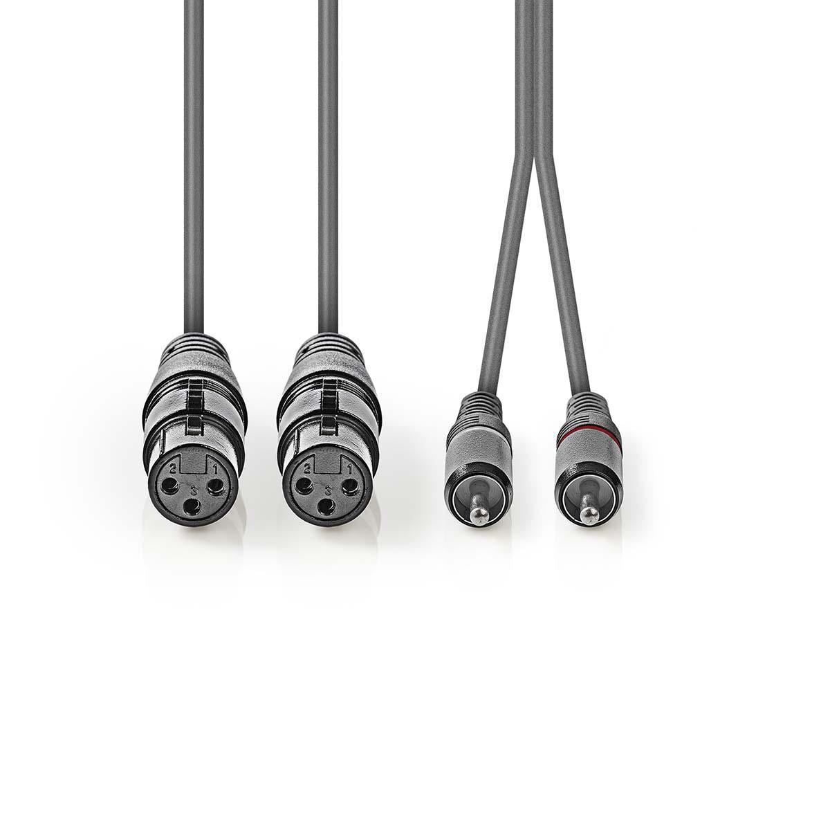 Nedis Balanced Audio Cable | 2x XLR 3-Pin Female | 2x RCA Male | Nickel Plated | 1.50 m | Round | PVC | Dark Grey | Carton Sleeve