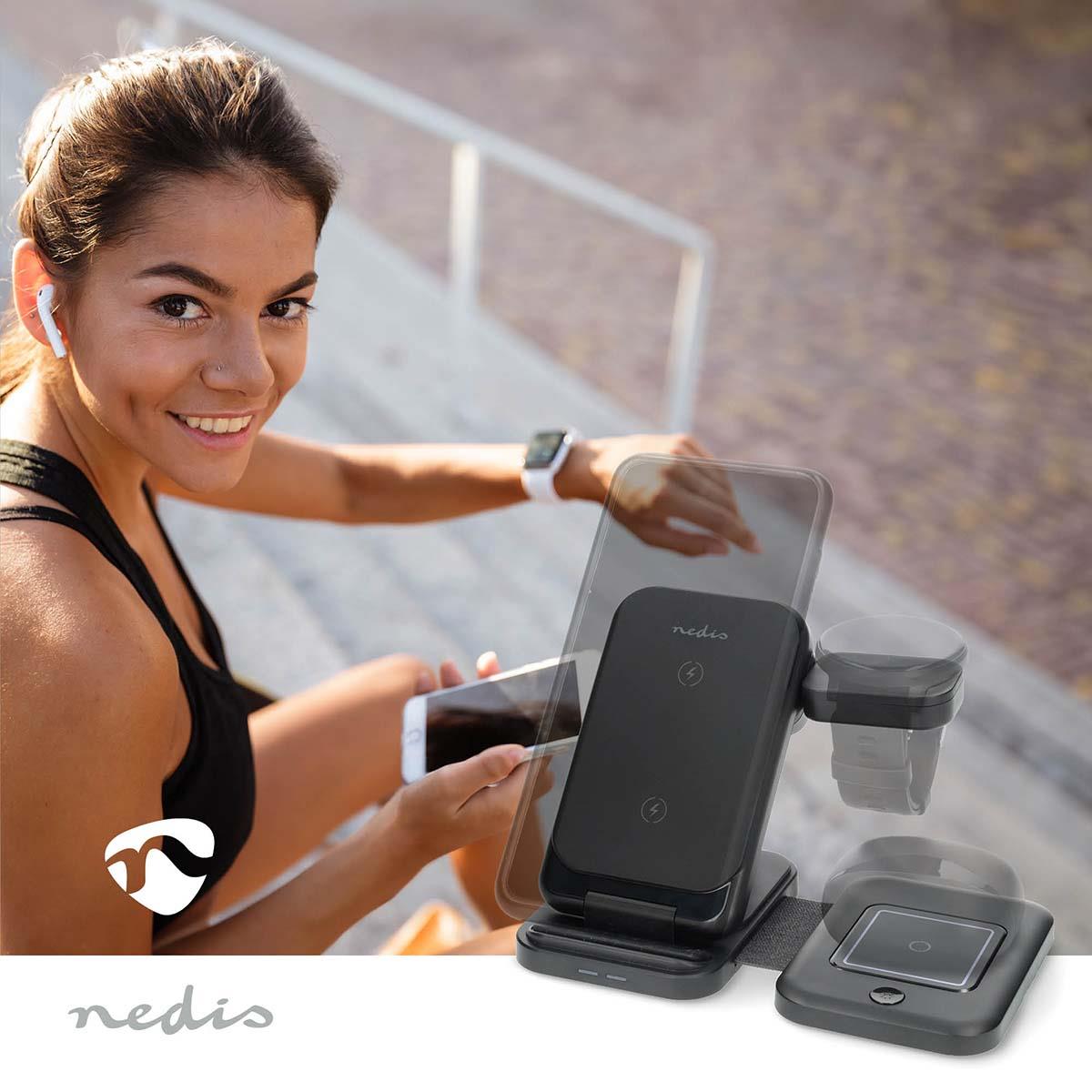 Nedis Wireless Charger | 3-in-1 | 15 W | LED-indicator in use | Including cable | USB-A / USB-C™ | 1.00 m