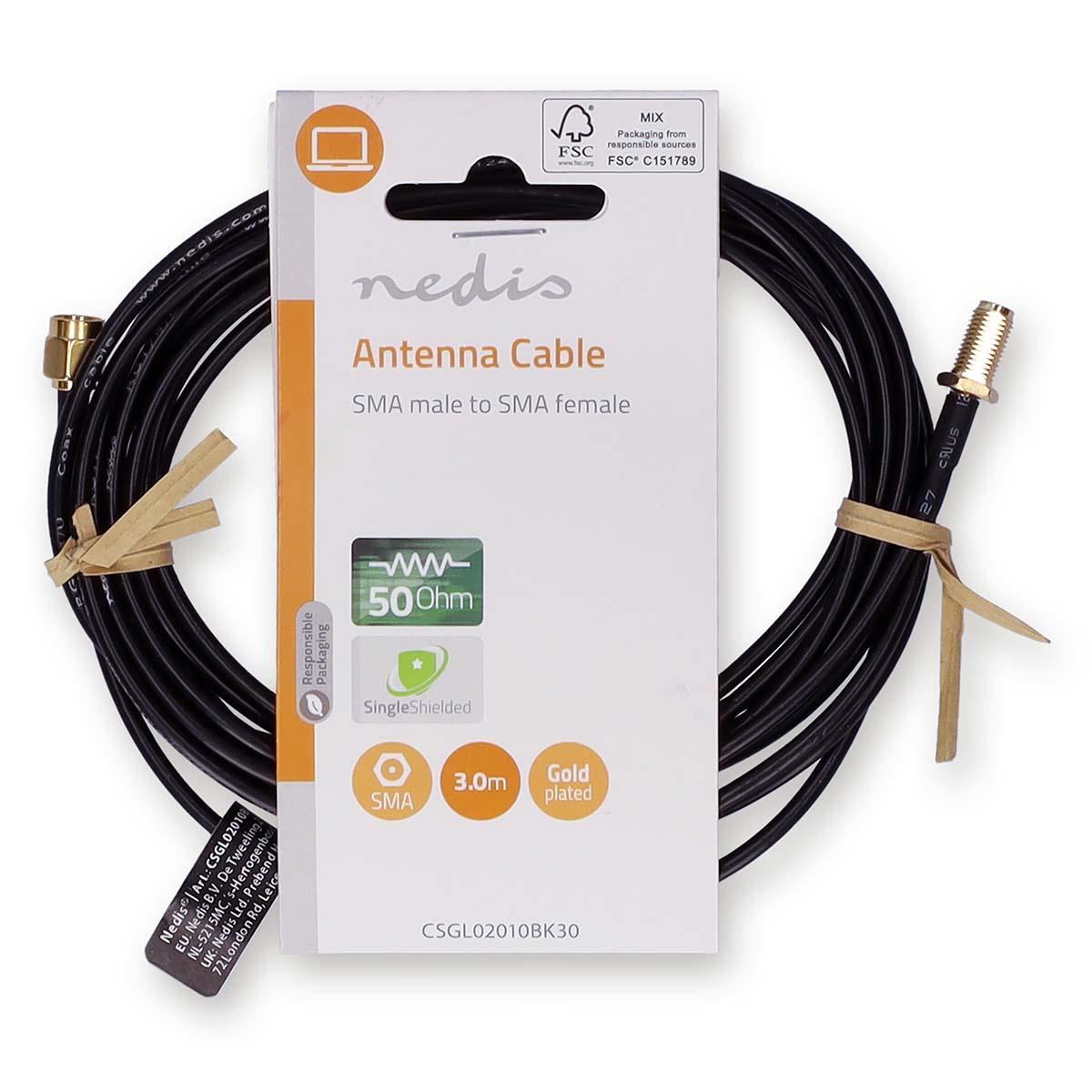 Nedis SMA Cable | SMA Male | SMA Female | Gold Plated | 50 Ohm | Single Shielded | 3.00 m | Round | PVC | Black | Label