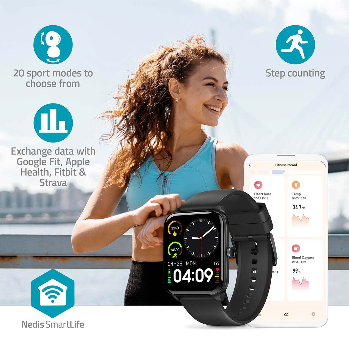 Nedis SmartLife SmartWatch, LCD Screen, Waterproof IP68, Up to 10 Days of Battery Life, Android and iOS Black, Black/White,