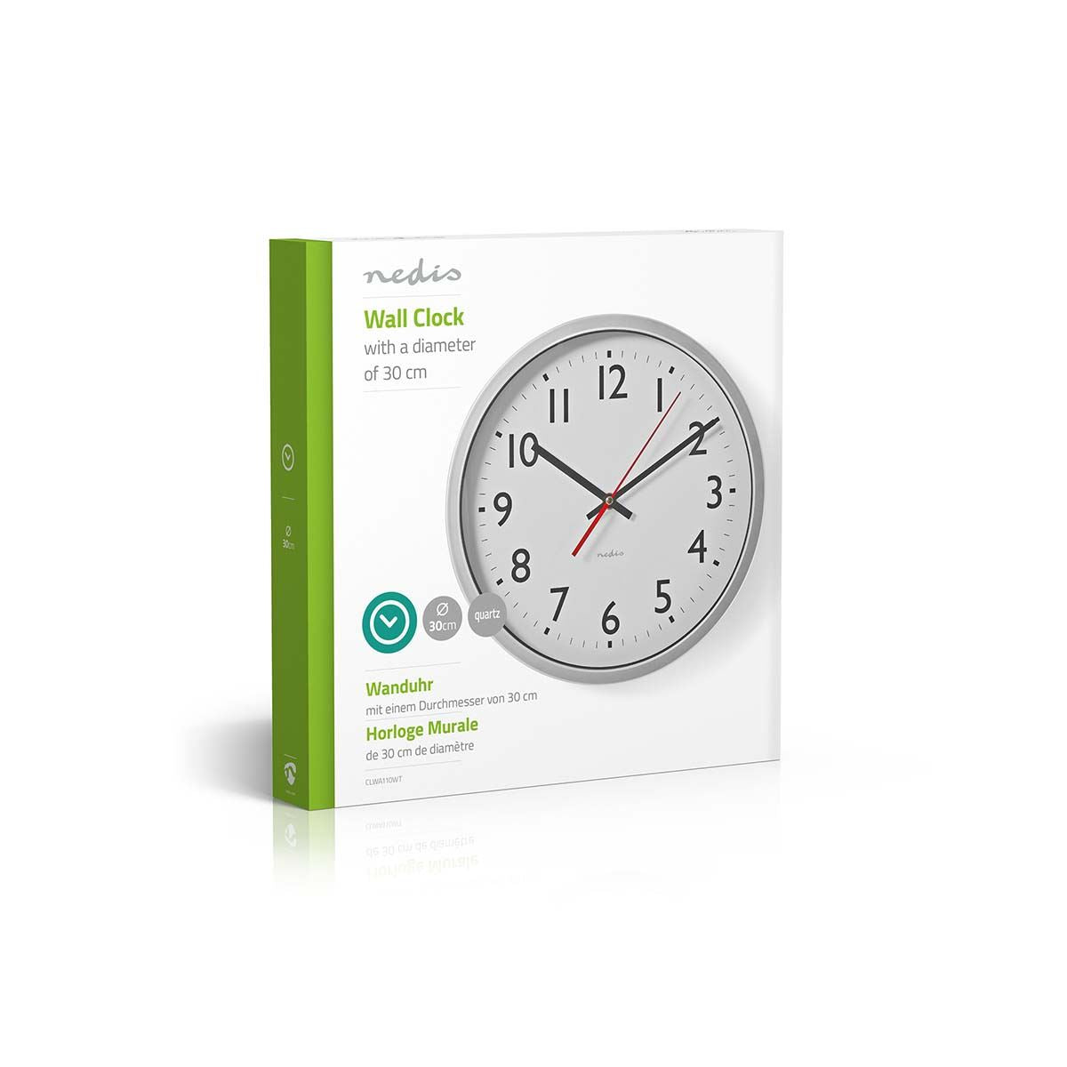 Nedis 30cm Wall Clock with Easy Read Numbers, Silent Movement, Battery Powered - Silver / White