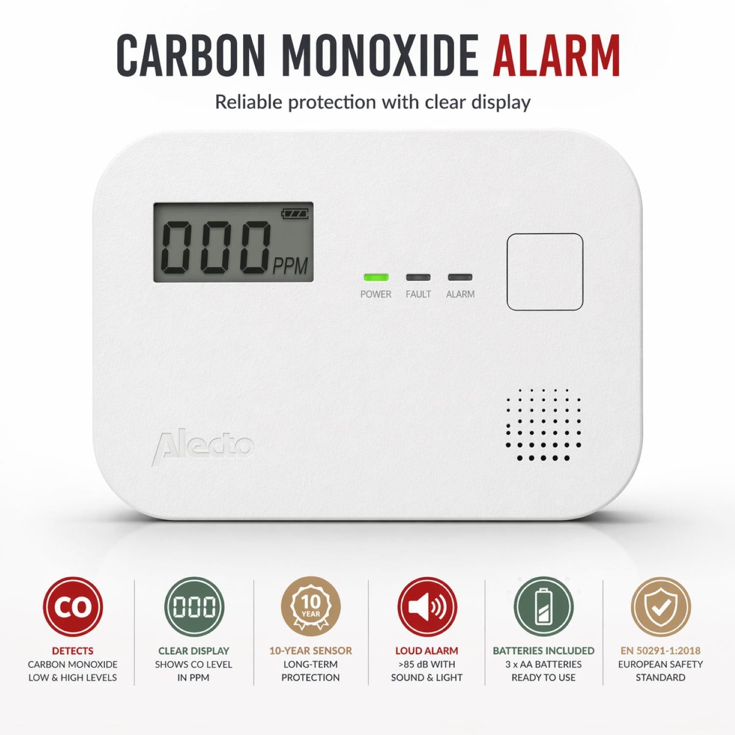 Alecto COA3910 Carbon monoxide Alarm with 10 year Sensor Runtime & LCD Display | EN50291-1:20180 | White