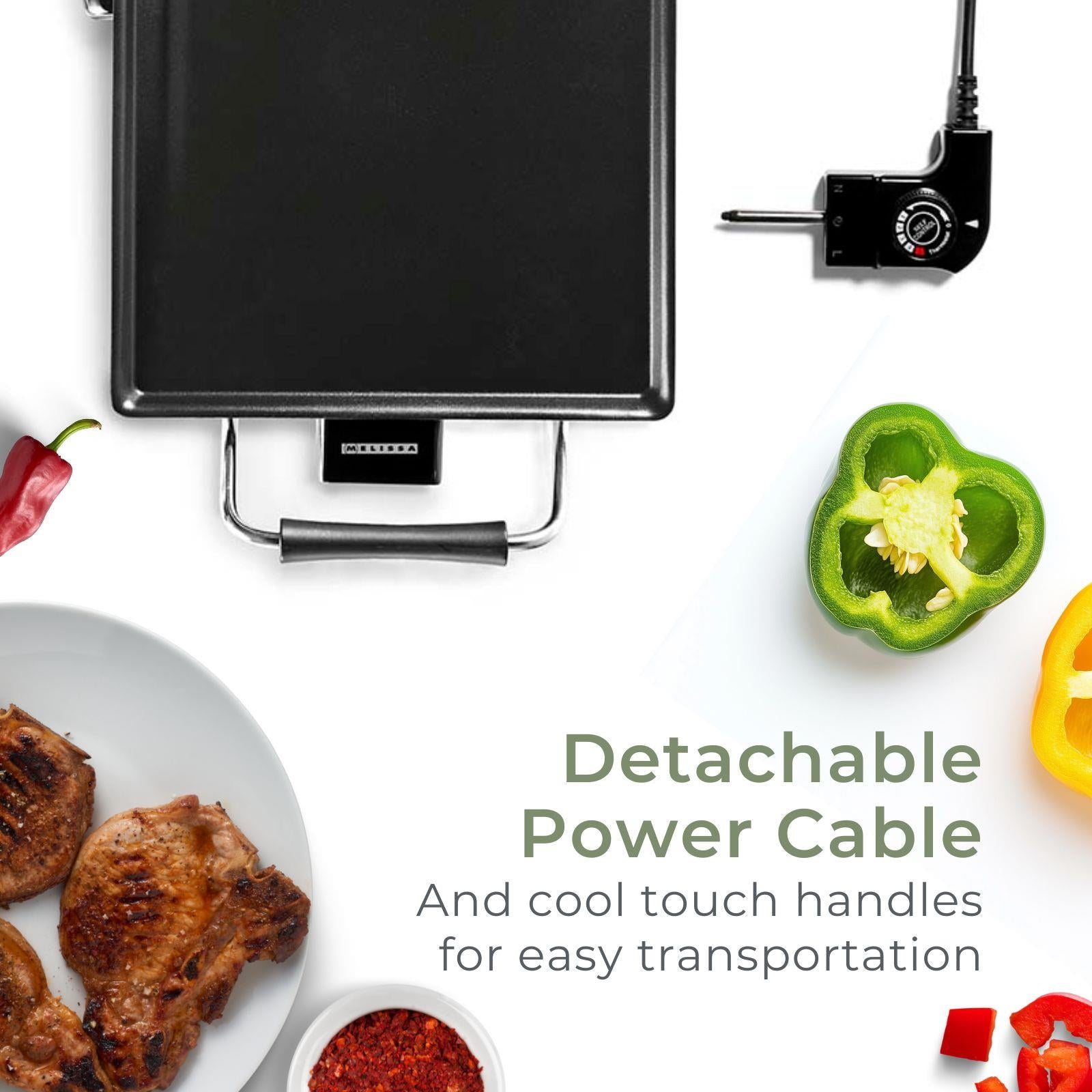 MELISSA Electric Teppanyaki Grill Plate, Large Non-Stick Table Top Griddle with 47.5cm x 26.5cm Hot Plate, Adjustable Temperature Control and Drip Tray, 2000W - Black