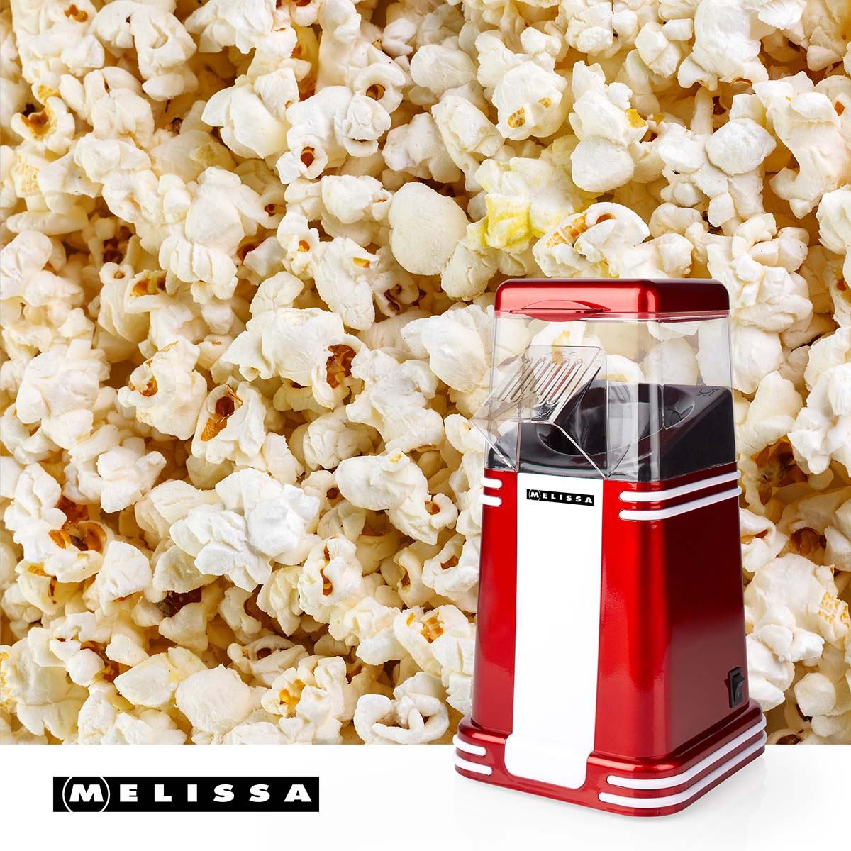 MELISSA Hot Air Popcorn Maker, Retro Table Top Machine for up to 60g of Healthy and Low Fat Popcorn, 1200W - Red/White