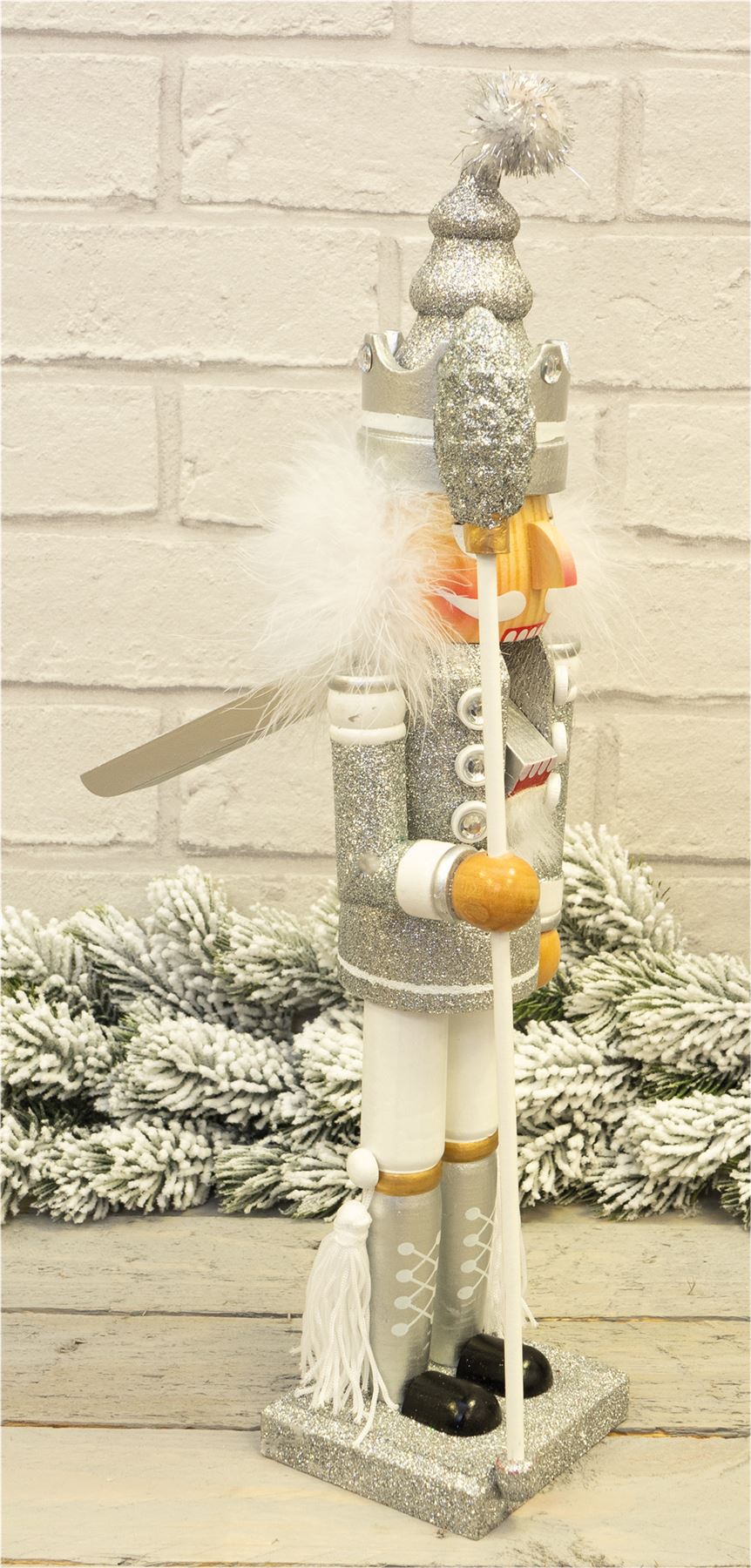 40cm Traditional Christmas Nutcracker Wooden Soldier Decoration Silver and White