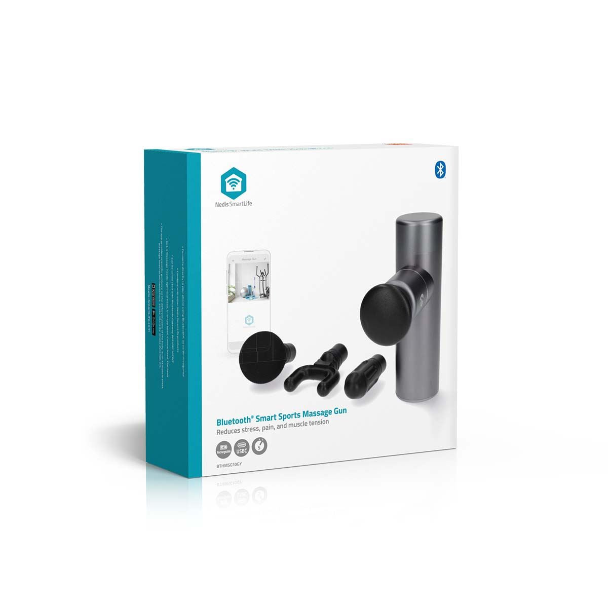 Nedis Smart Bluetooth Mini Ultra Light Sports Massage Gun, 5 Speeds up to 3600 RPM, 4 Attachments, Aluminium Body, Rechargeable - Dark Grey