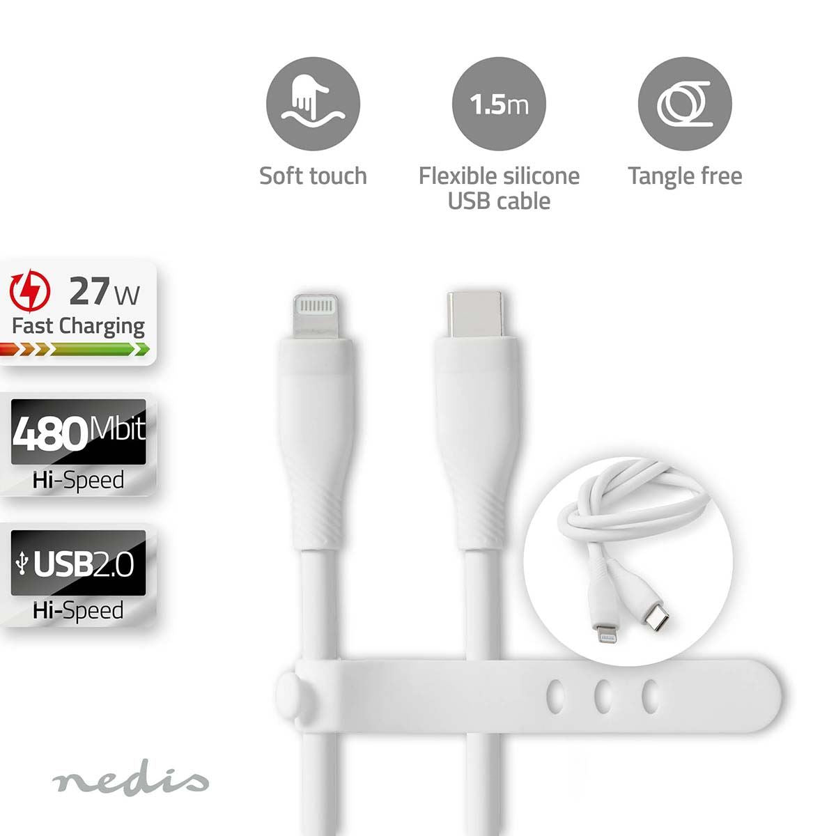 Nedis Lightning Cable | USB 2.0 | Apple Lightning 8-Pin | USB-C™ Male | 480 Mbps | Nickel Plated | 1.50 m | Round | Silicone | White | Box