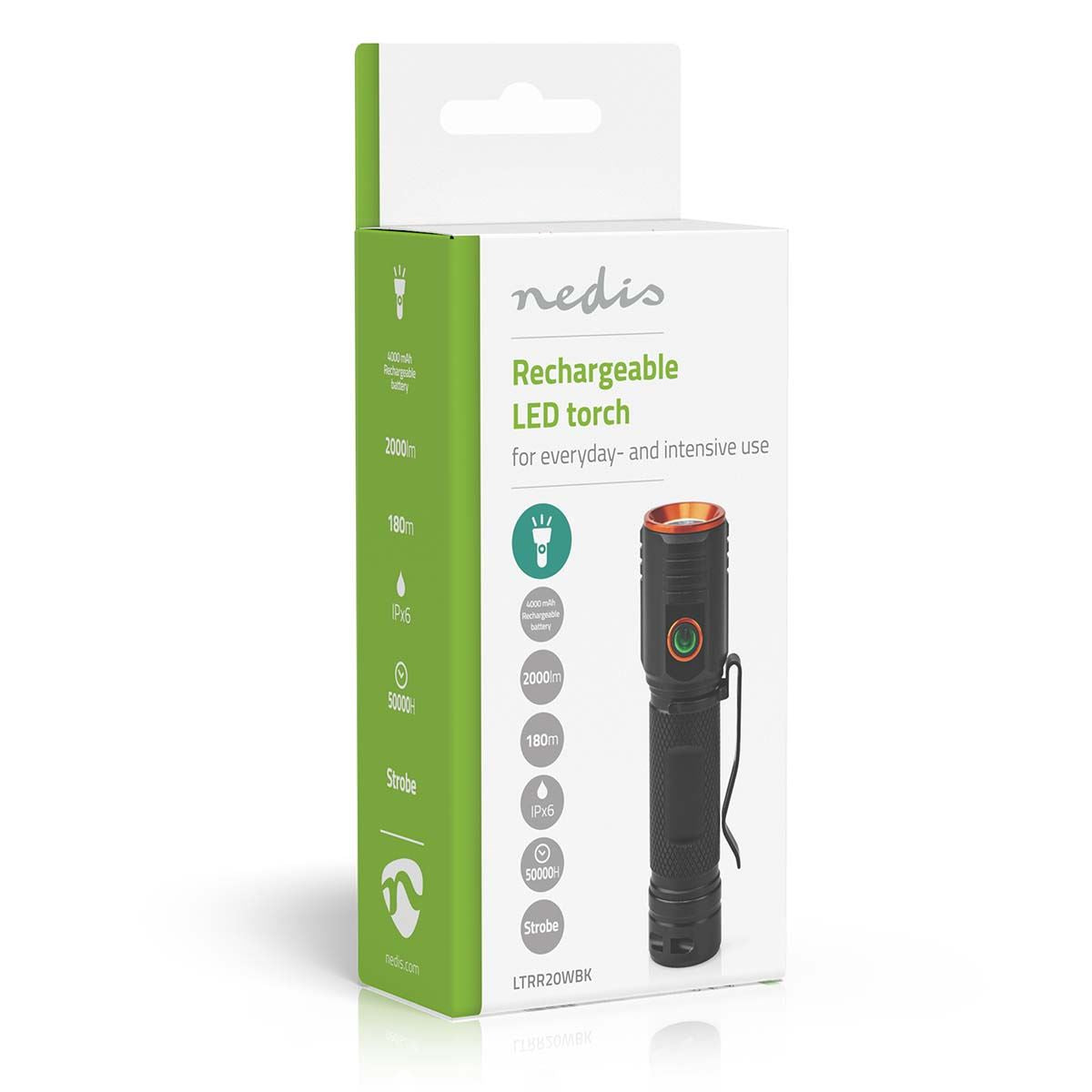 Nedis LED Torch Rechargeable, 20W Compact Flashlight with USB-C Charging, Practical Clip, IPX6 Water-Resistant, 2000 Lumen Beam up to 180m