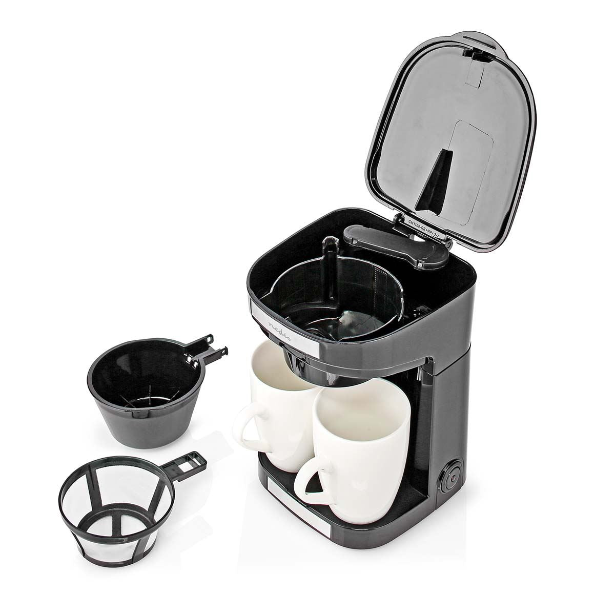 Nedis 2 Cup Coffee Maker 0.25L Easy to Use Nylon Reusable Filter with Cups - Black