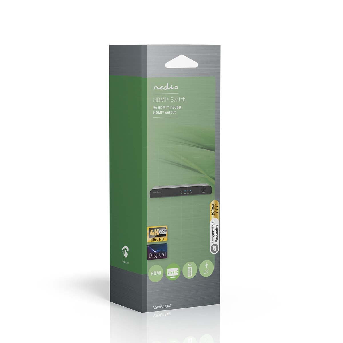 Nedis HDMI™ Switch | 3 port(s) | 3x HDMI™ Input | 1x HDMI™ Output | 4K@60Hz | 18 Gbps | Remote controlled | Metal | Anthracite