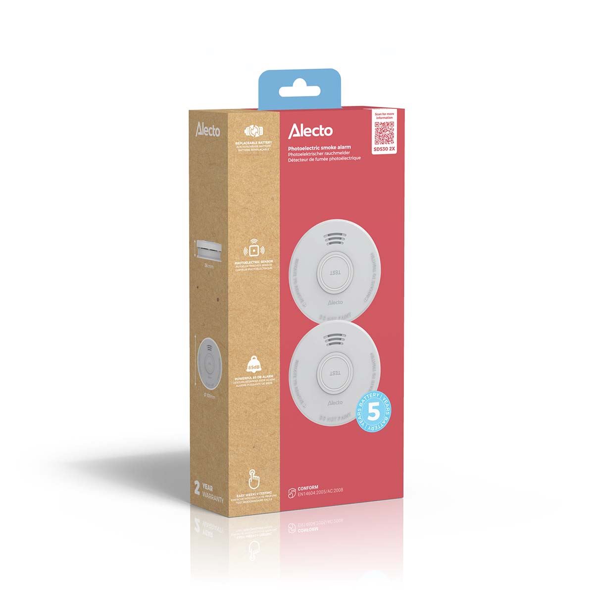 Alecto SD530 Smoke detector | >85 dB | Battery Powered | EN14604:2005/AC:2008 | White |2 Pack