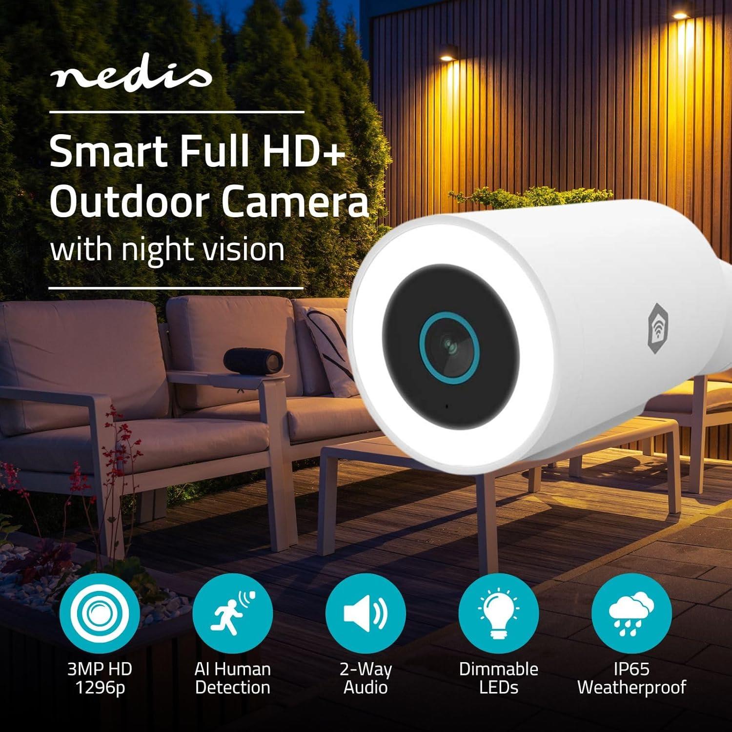 Nedis SmartLife Outdoor Camera | Spotlight | 3MP Full HD 1296p | IP65 | Cloud Storage (optional) / microSD (not included) / Onvif | 5 V DC | With motion sensor | Night vision | White