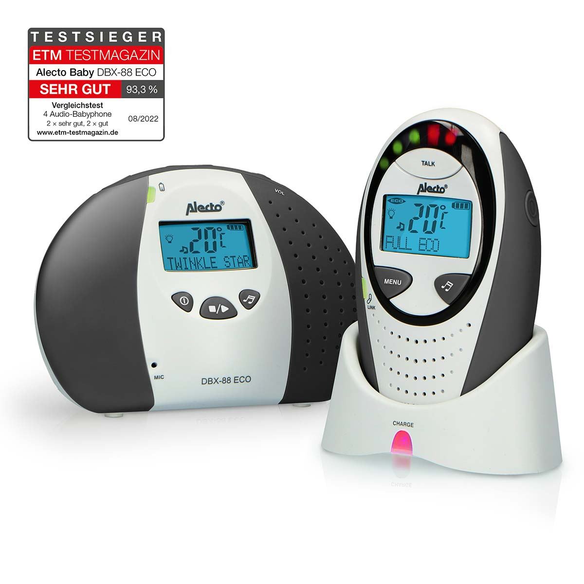 Alecto DBX88G Digital Audio Baby Monitor, Parent Unit with Rechargeable Battery, Long Range, Digital Transmission, Crystal-Clear Sound, lullaBY, Plug & Play, Sound Indicator & Alerts