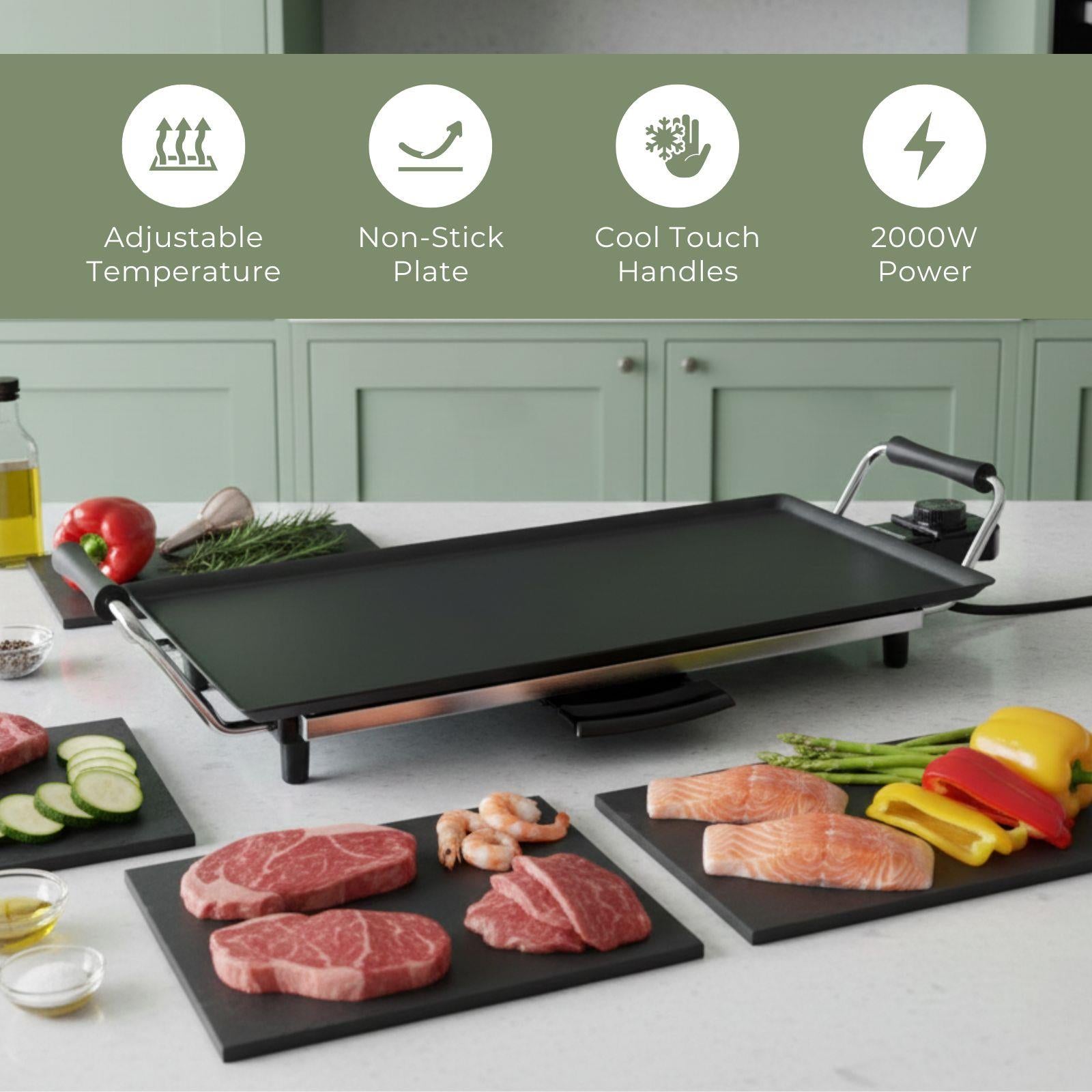MELISSA Electric Teppanyaki Grill Plate, Large Non-Stick Table Top Griddle with 47.5cm x 26.5cm Hot Plate, Adjustable Temperature Control and Drip Tray, 2000W - Black