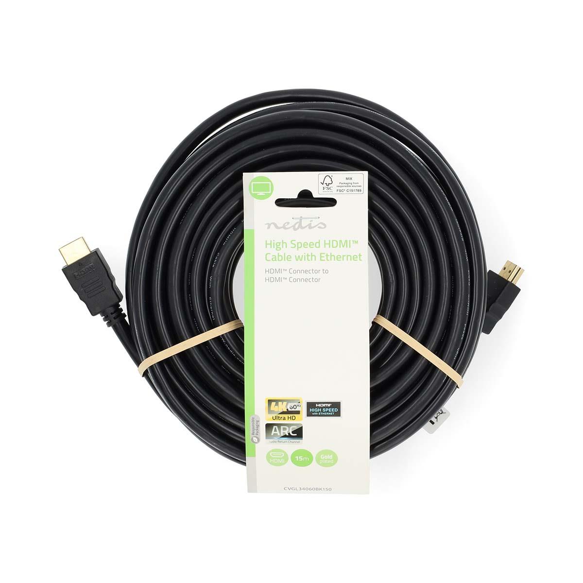 Nedis High Speed HDMI™ Cable with Ethernet | HDMI™ Connector | HDMI™ Connector | 4K@60Hz | ARC | 18 Gbps | 15.0 m | Round | PVC | Black | Label