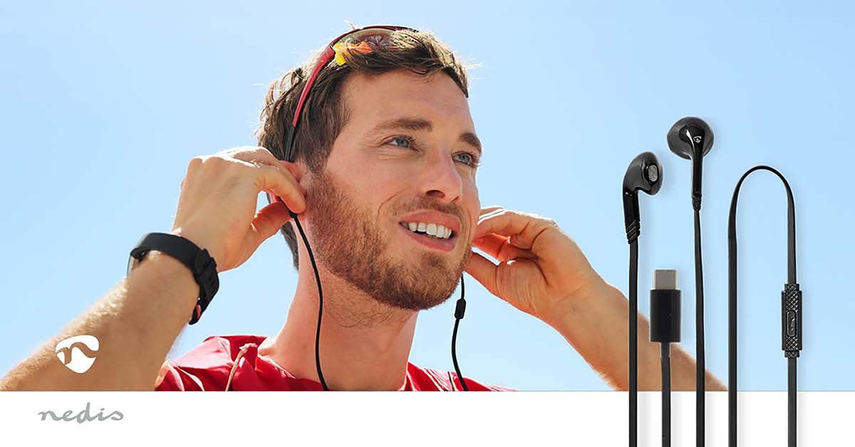 Nedis Wired In-Ear Headphones With USB-C Connector, 13.5mm High Performance Drivers, Built-In Microphone For Hands-Free Calling, Durable ABS Construction, Black, 1.20m Cable