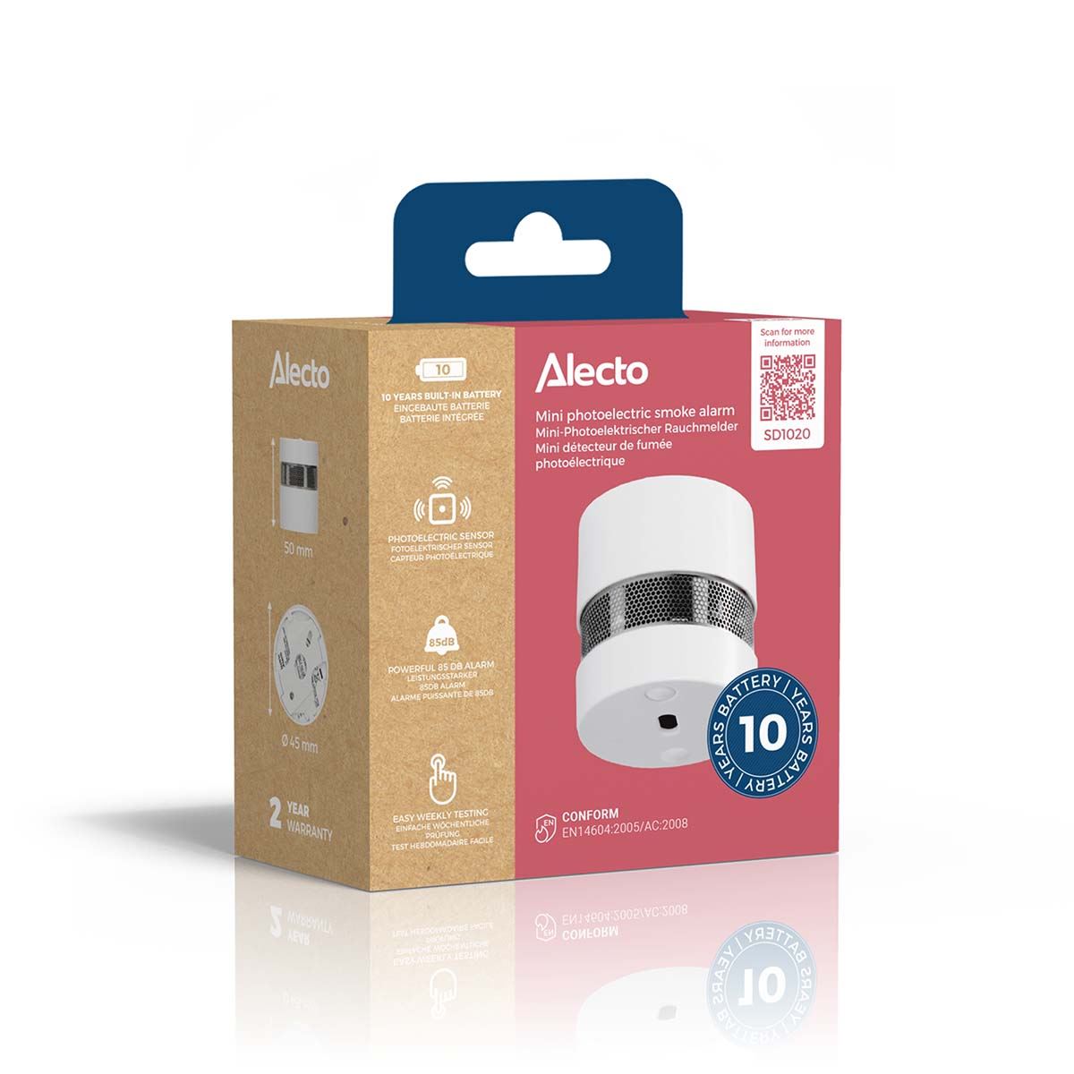 Alecto SD1020 Mini Smoke detector with Runtime Sensor | >85 dB | 10 Year Battery Included | EN14604:2005/AC:2008 | White