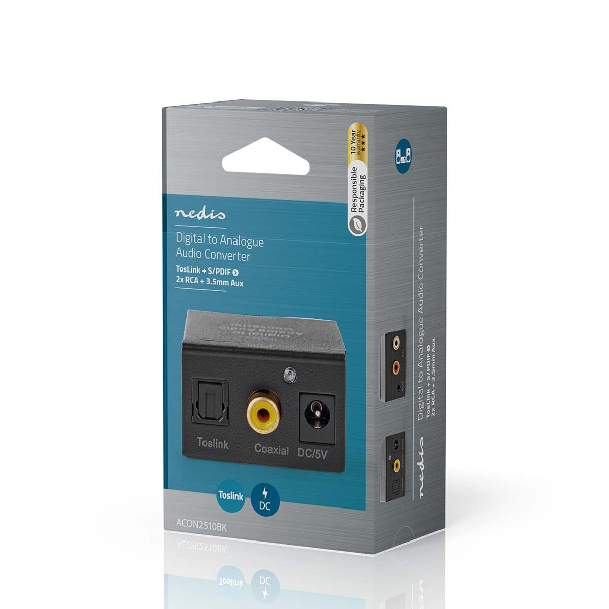Nedis Digital Audio Converter | 1-way | Connection input: 1x Digital RCA / 1x TosLink to Connection output: 1x (2x RCA) / 1x 3.5 mm | Automatic | Integrated amplifier | Black