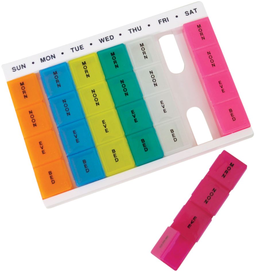 7 Day Pill Dispenser Tablet Box Organiser 4 Compartments per Day, Morn, Noon, Eve and Bed for those who take many Tablets Every Day Easy Medication Management and Organisation Ideal for Travel
