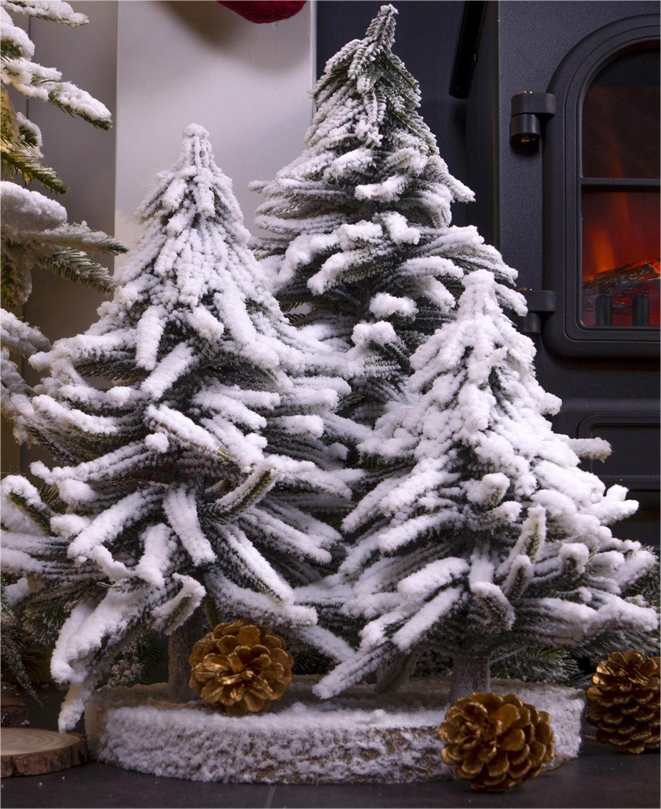Snow Topped Mini Christmas Tree Display on Wooden Stand Decoration