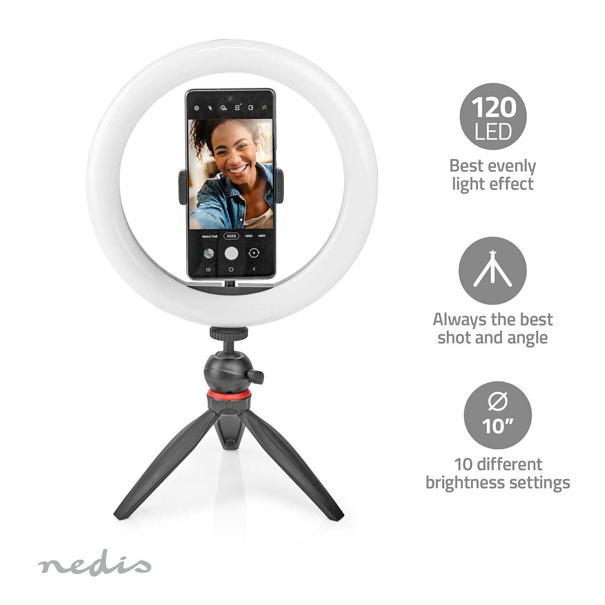 Nedis Ring Light, 10" LED Ring Lamp with 120 LEDs on Tripod Stand, USB Powered, with Flexible Phone Holder, 10 Light Modes