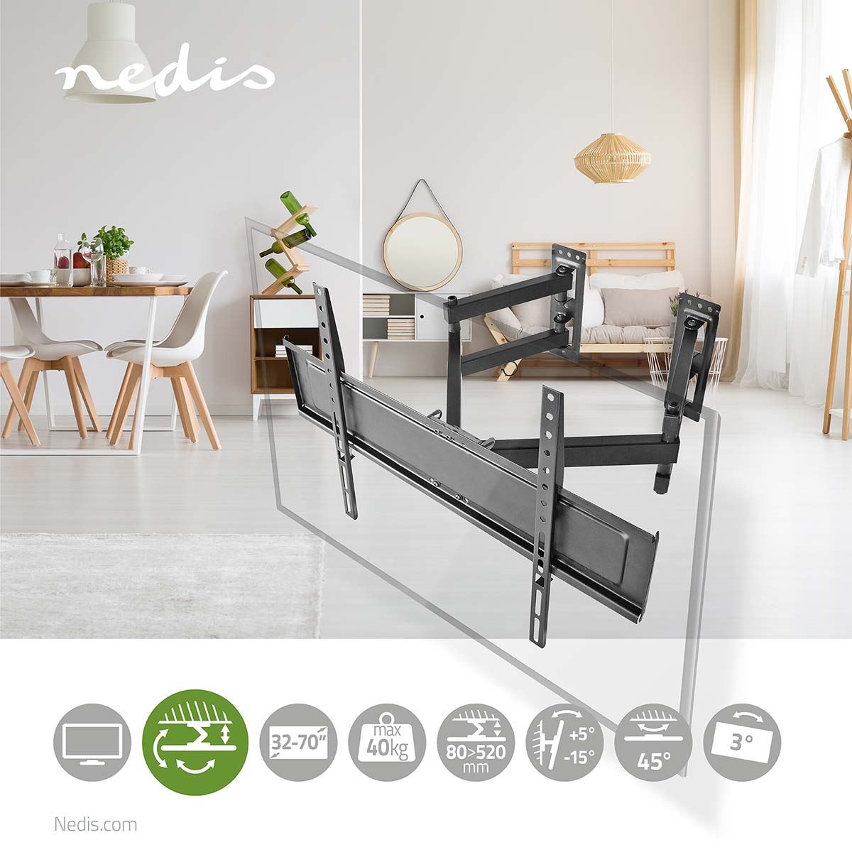 Nedis Full Motion TV Wall Mount | 32 - 70 " | Maximum supported screen weight: 40 kg | Tiltable | Rotatable | Minimum wall distance: 80 mm | Maximum wall distance: 520 mm | 3 Pivot point(s) | Steel | Black