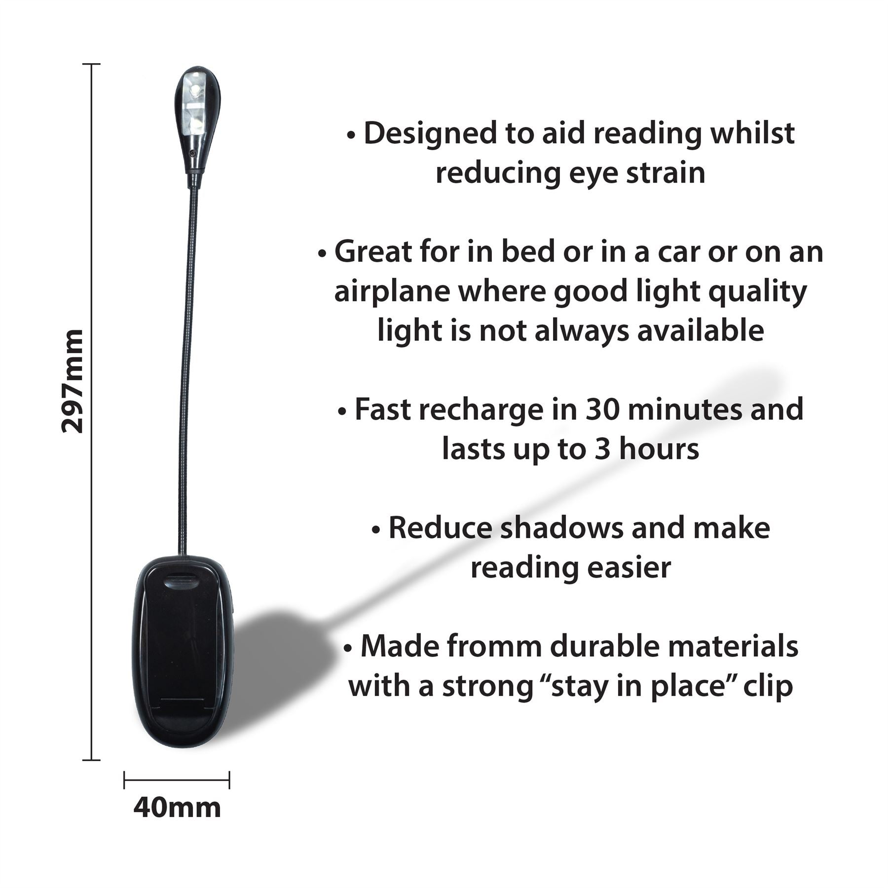 Battery or USB Powered Portable LED Reading Light With Flexible Head, Sturdy Clip and USB Lead For Home or Office Use