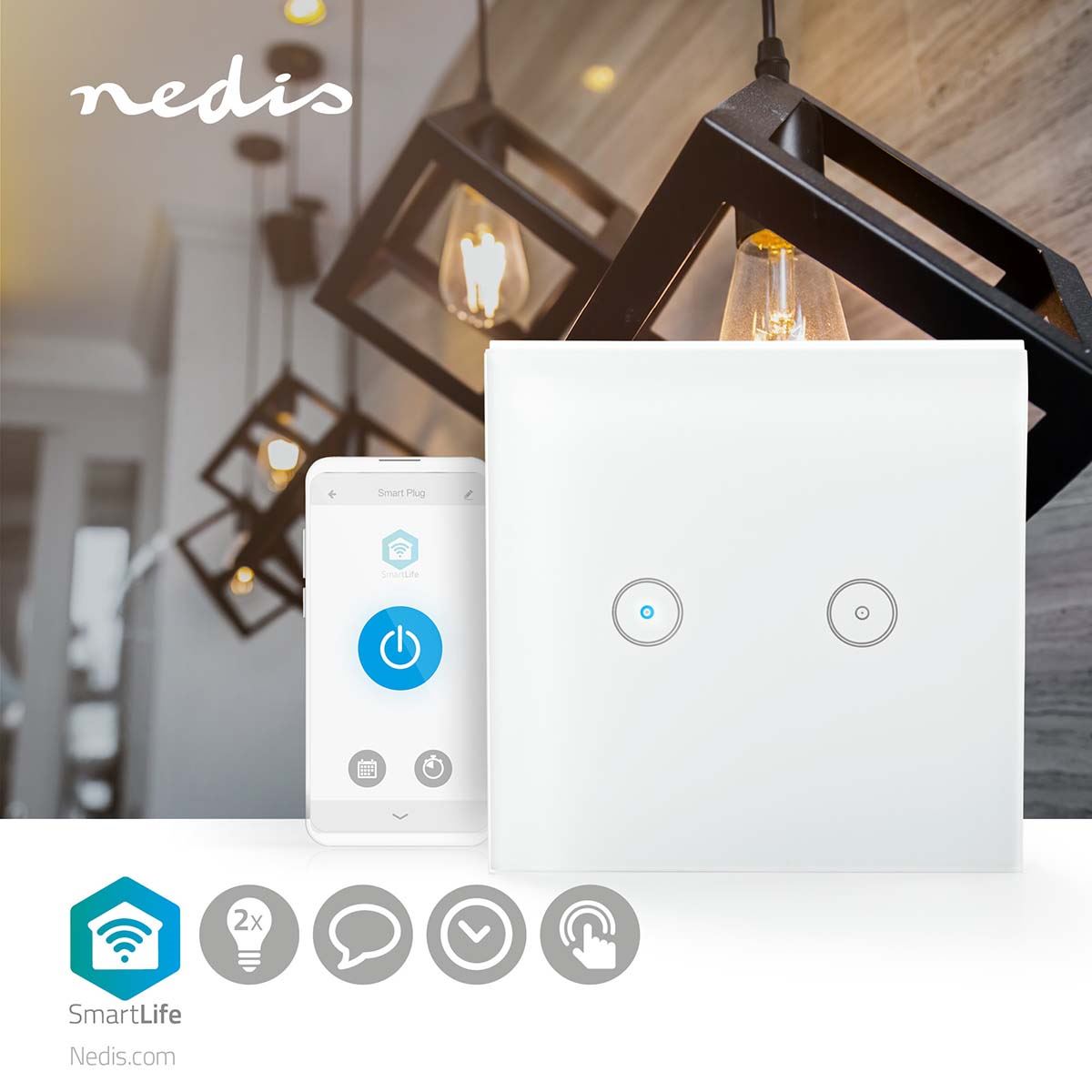 Nedis SmartLife Wall Switch | Dual | Wall Mount | 1000 W | Android™ / IOS | Glass | White
