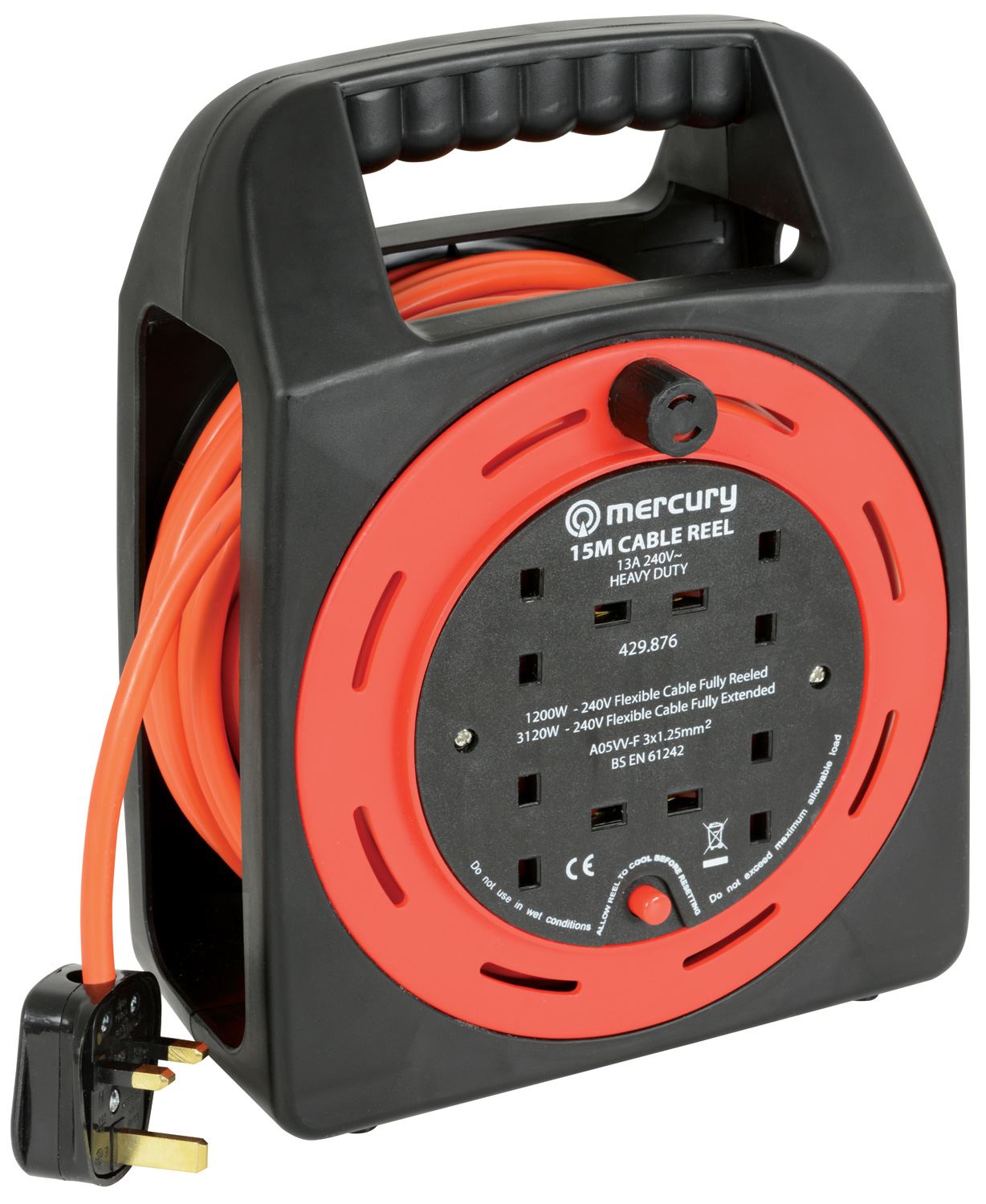 Mercury 15m Meter 4 Way Gang Mains Extension Reel Drum with Thermal Cut Out 13A