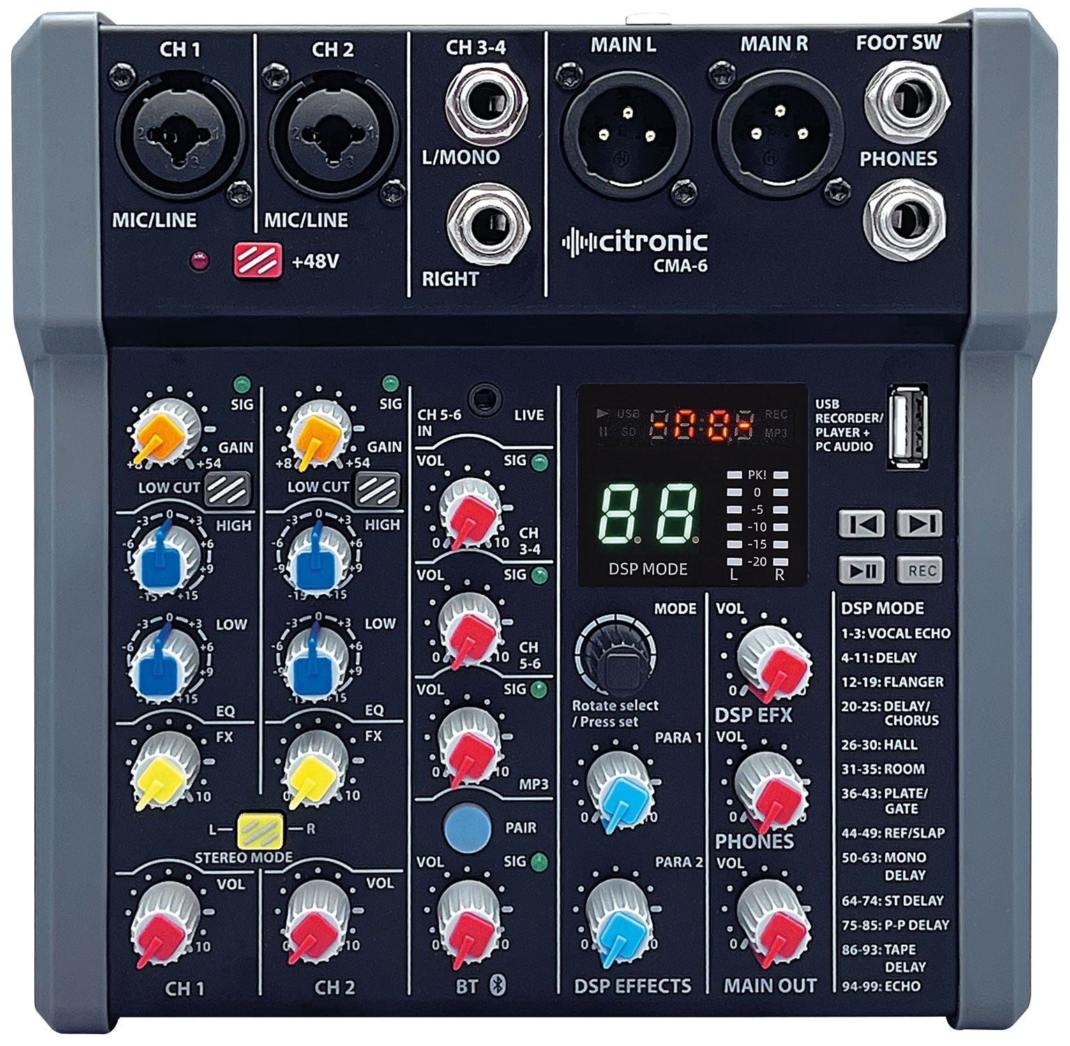 Citronic CMA-6 Compact Mixer with DSP FX and Bluetooth / USB Play & Record