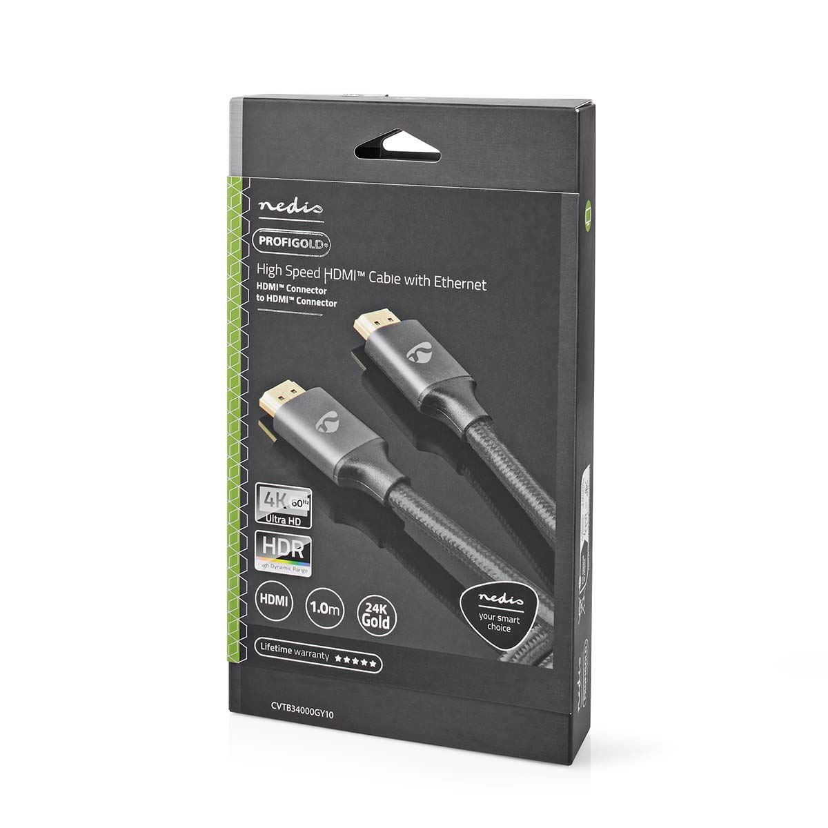 Nedis High Speed HDMI™ Cable with Ethernet | HDMI™ Connector | HDMI™ Connector | 4K@60Hz | ARC | 18 Gbps | 1.00 m | Round | Cotton | Gun Metal Grey | Cover Window Box