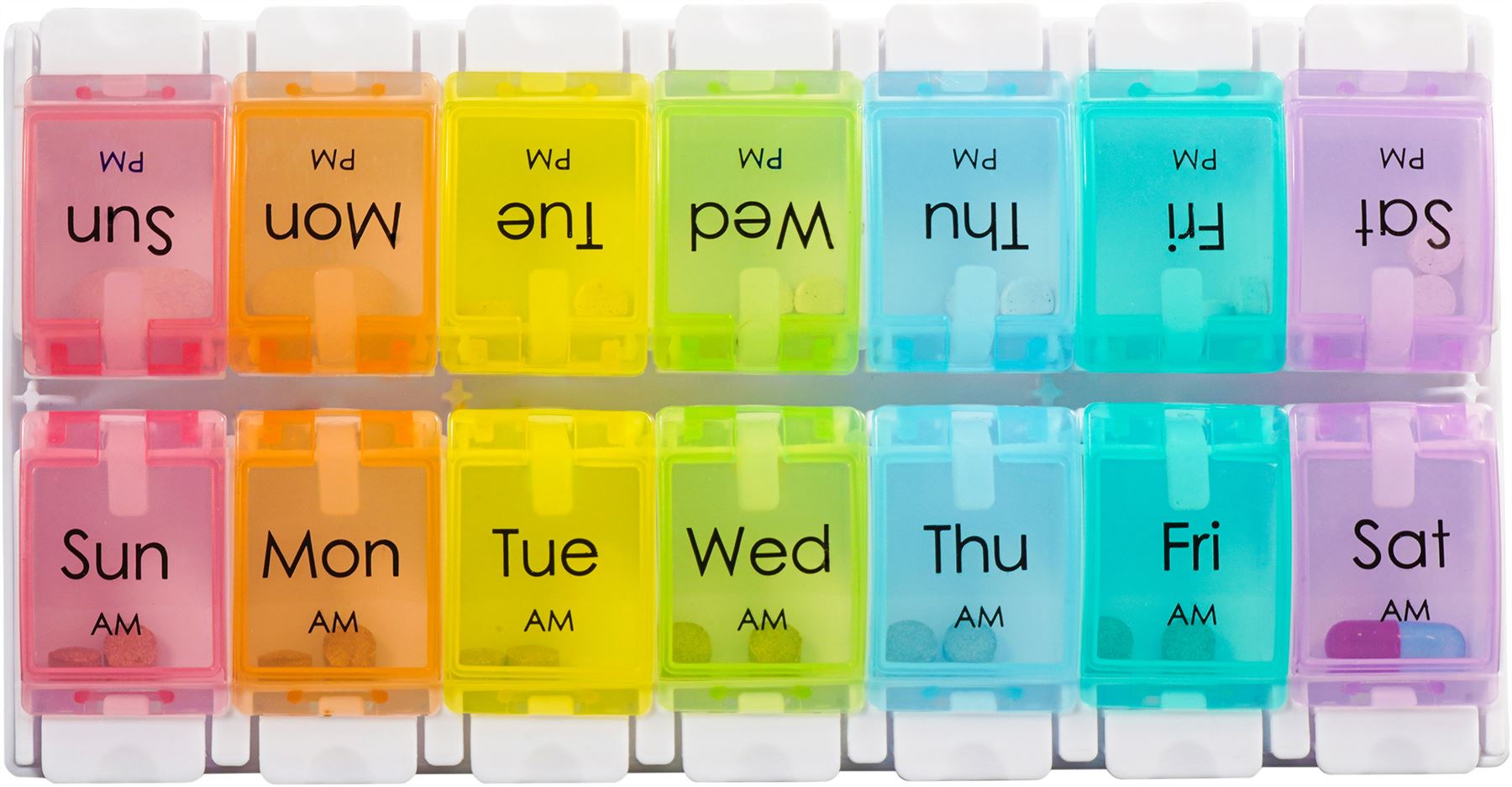 7 Day Weekly 2 Section 14 Compartment AM/PM Pill Tablet Push Button Dispenser Box