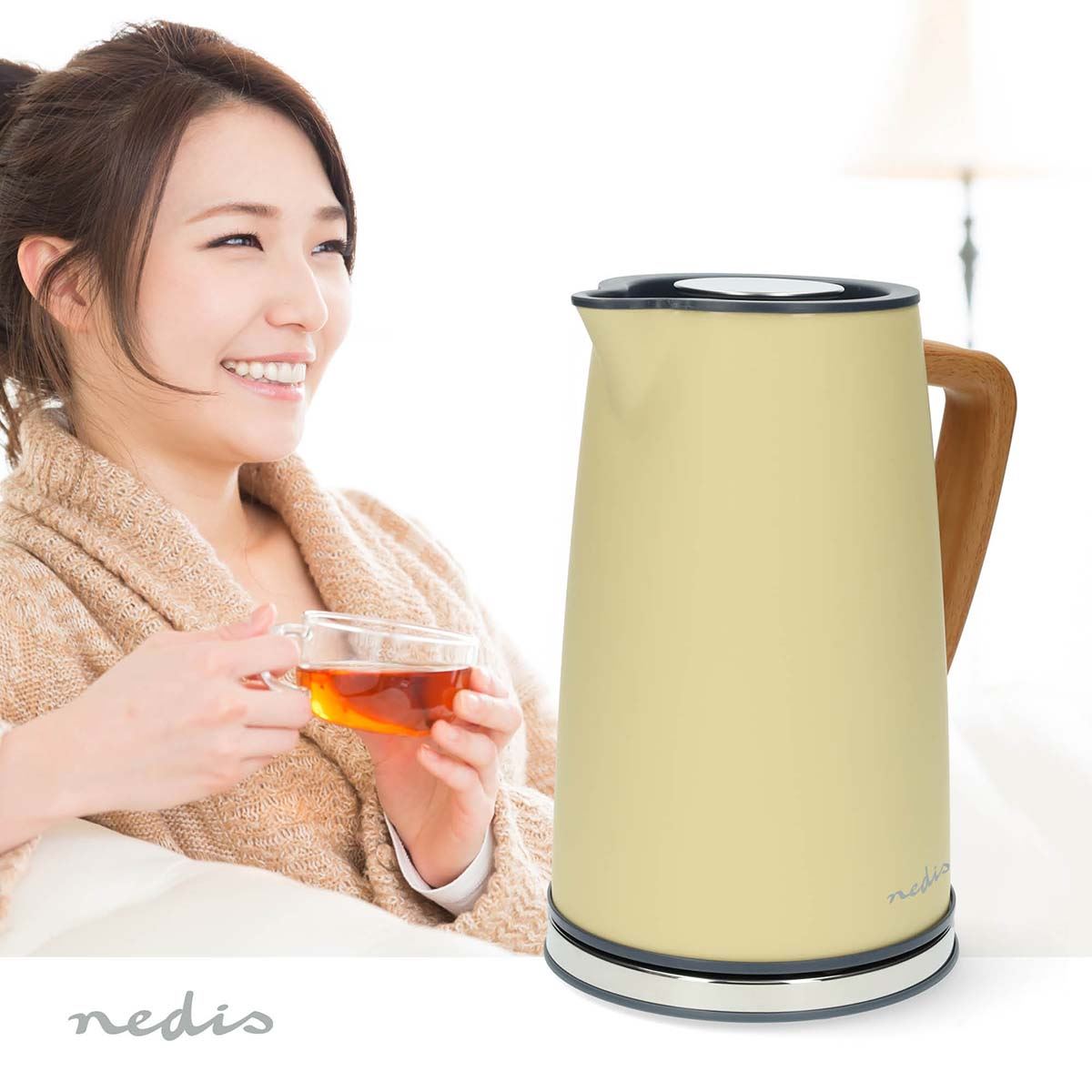 Nedis 1.7L Soft Touch Jug Kettle with Wood Effect Handle, Overheat Protection, Removeable Filter, 2.2KW - Yellow