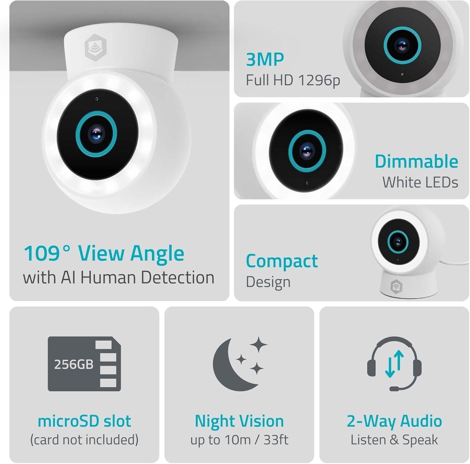 Nedis SmartLife Outdoor Camera, Wi-Fi, 3MP 1296p, Motion Sensor, AI Human Detection, Dimmable Spotlight Full-Colour Night Vision, Two-Way Audio, IP65 Weatherproof - White