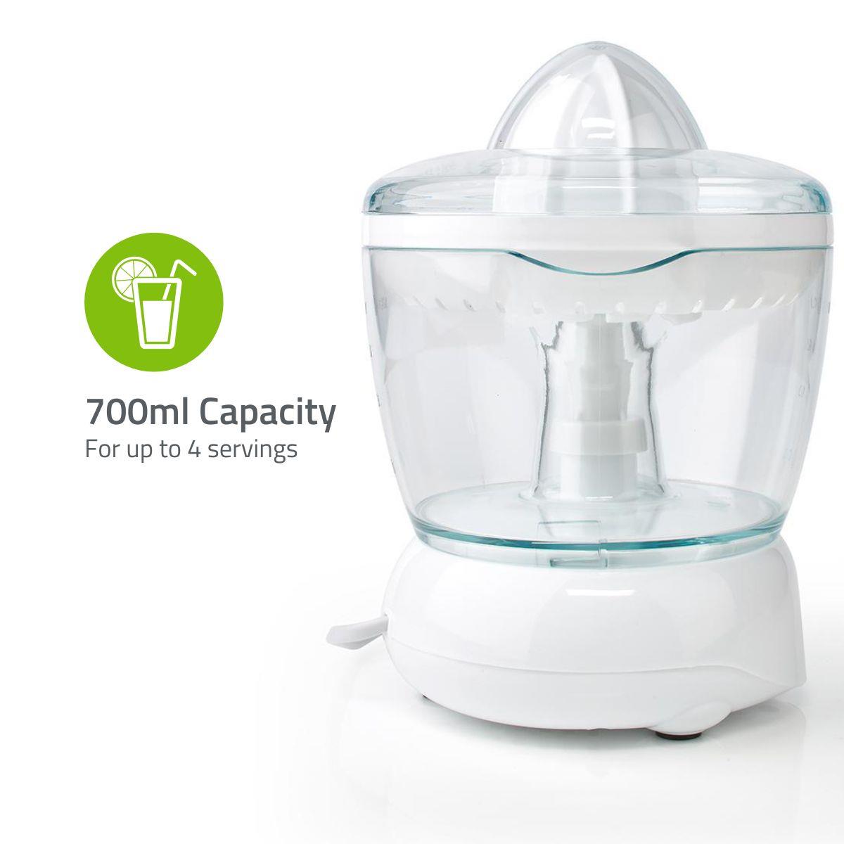 Nedis 0.7L Electric Citrus Press Juicer Squeezer, 25W Motor, with Bi-Directional Twist, 2 x Interchangeable Cones, and Easy Pour Spout