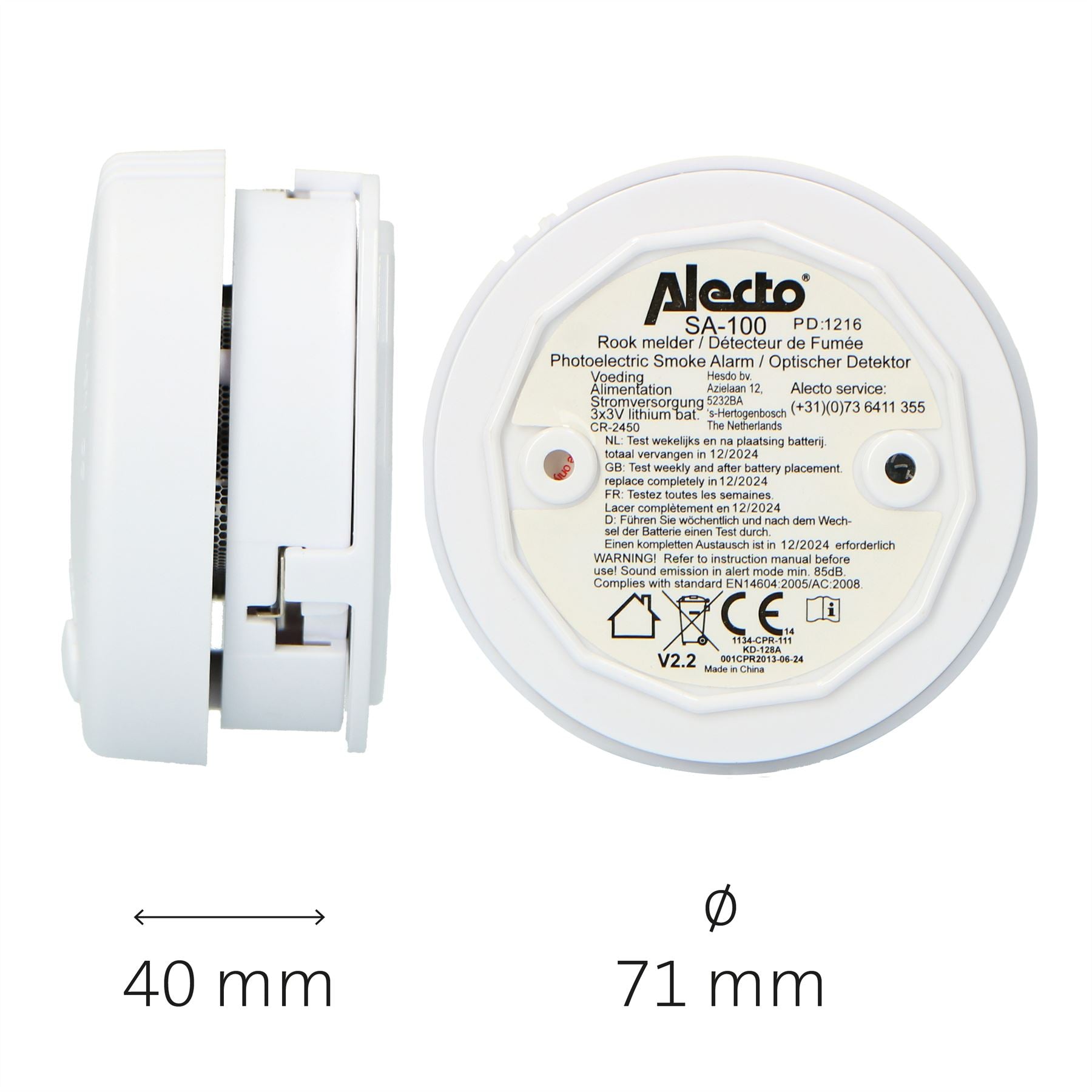 Alecto SA100 Mini Smoke detector | >85 dB | 5 Year Battery Included | EN14604:2005/AC:2008 | White