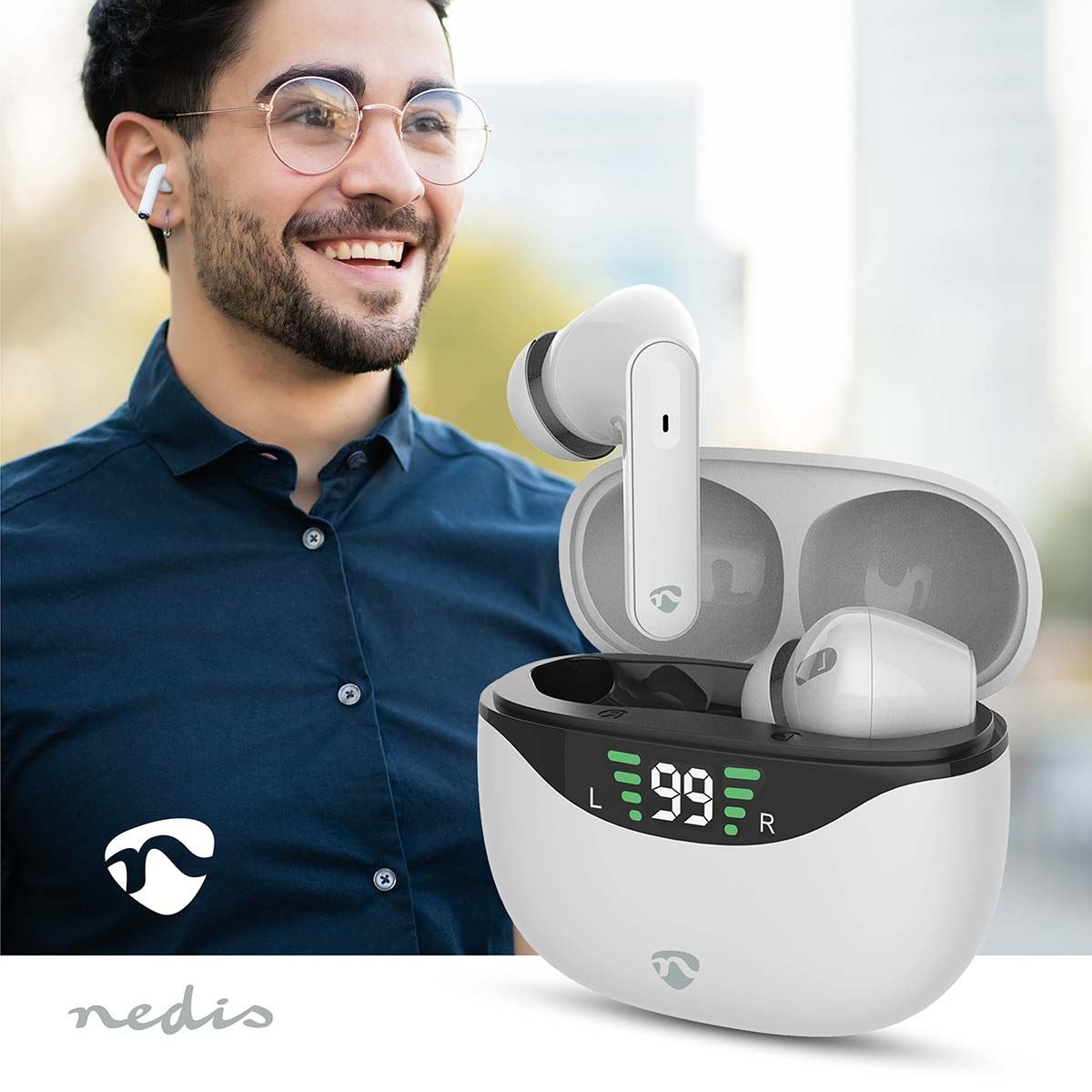Nedis Fully Wireless ANC Earphones, Bluetooth 5.3, Up to 30h Playtime with Charging Case, Touch Control, Built-In Mic, Instant Pairing, Voice Assistant Support