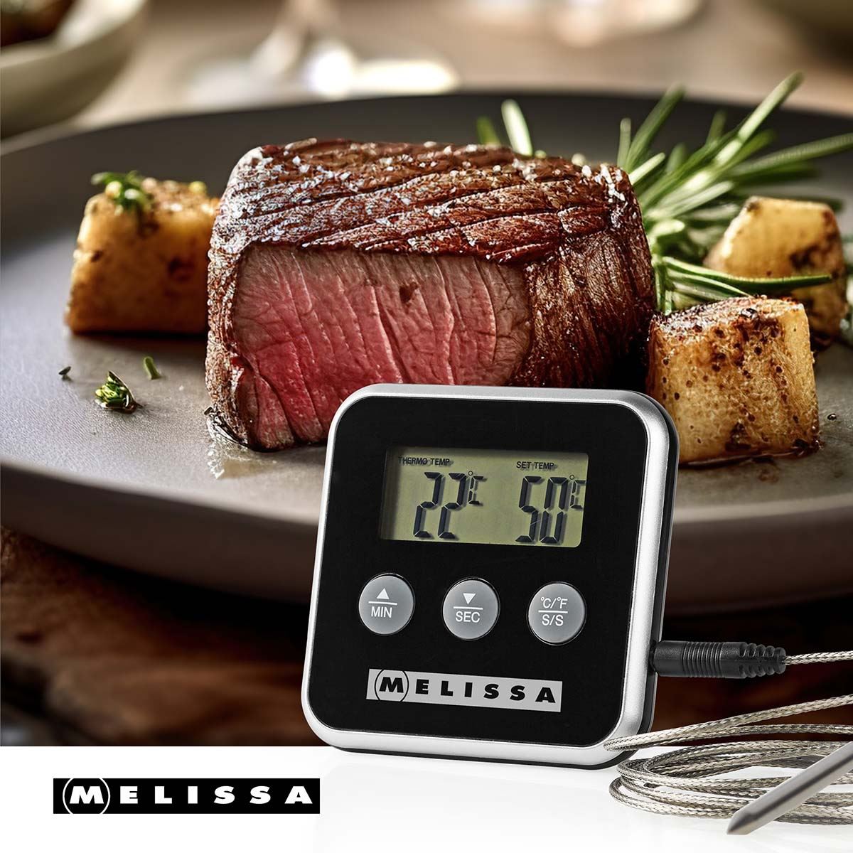 Melissa Leave-in Digital Food, Meat, Baking Thermometer Temperature Probe Cooking Kitchen BBQ, with Alarm, Timer - Black
