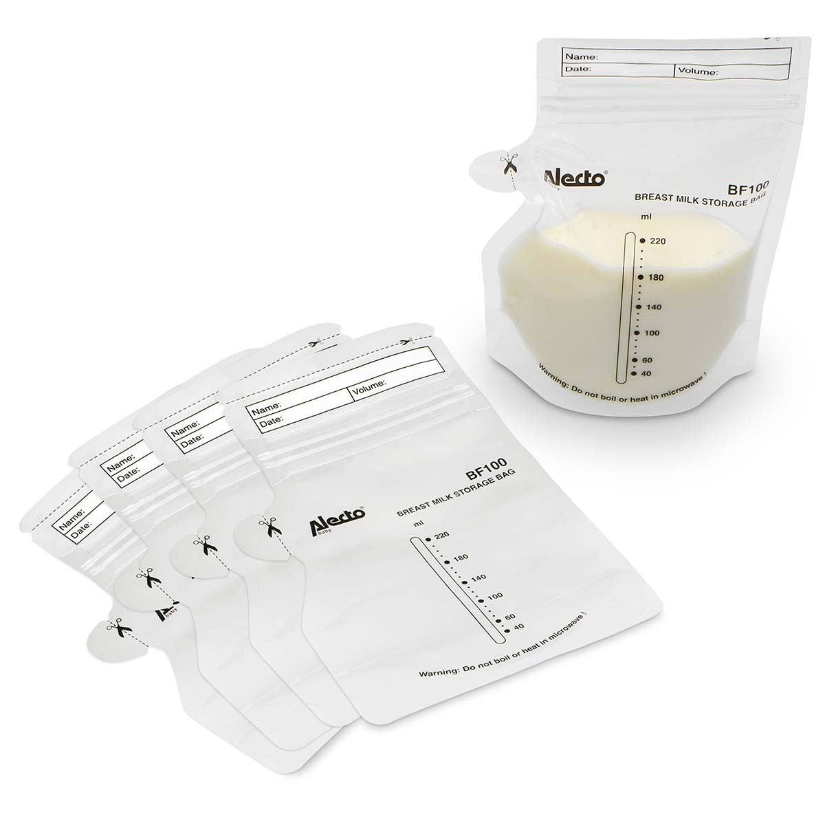 Alecto Breast Milk Storage Bag, 250ml No Leak Milk Storage Bags, Store Flat or Standing, Pre-sterilised, BPA Free Breastmilk Storage Bag with Pour Spout for Freezer