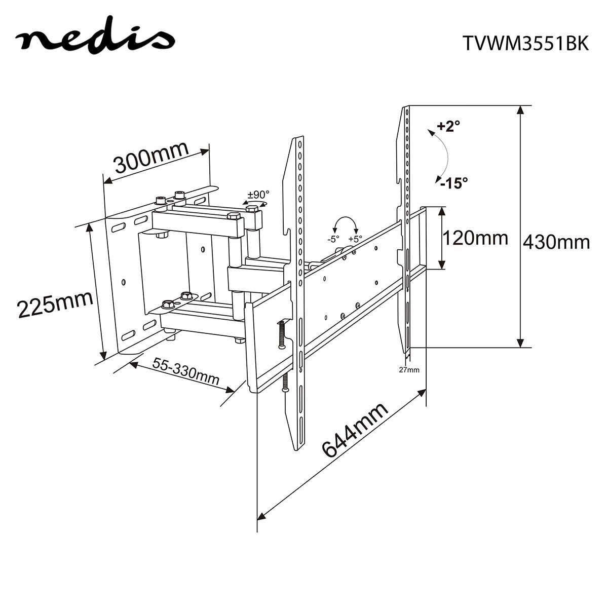 Nedis Full Motion TV Wall Mount | 37 - 80 " | Maximum supported screen weight: 35 kg | Tiltable | Rotatable | Minimum wall distance: 75 mm | Maximum wall distance: 330 mm | 6 Pivot point(s) | Steel | Black