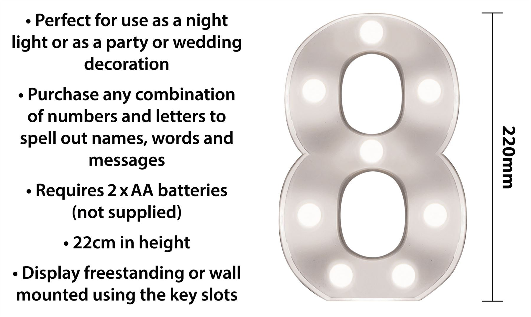 "8" Light Up 3D LED 22cm Numbers Party Birthday Wedding Battery Operated