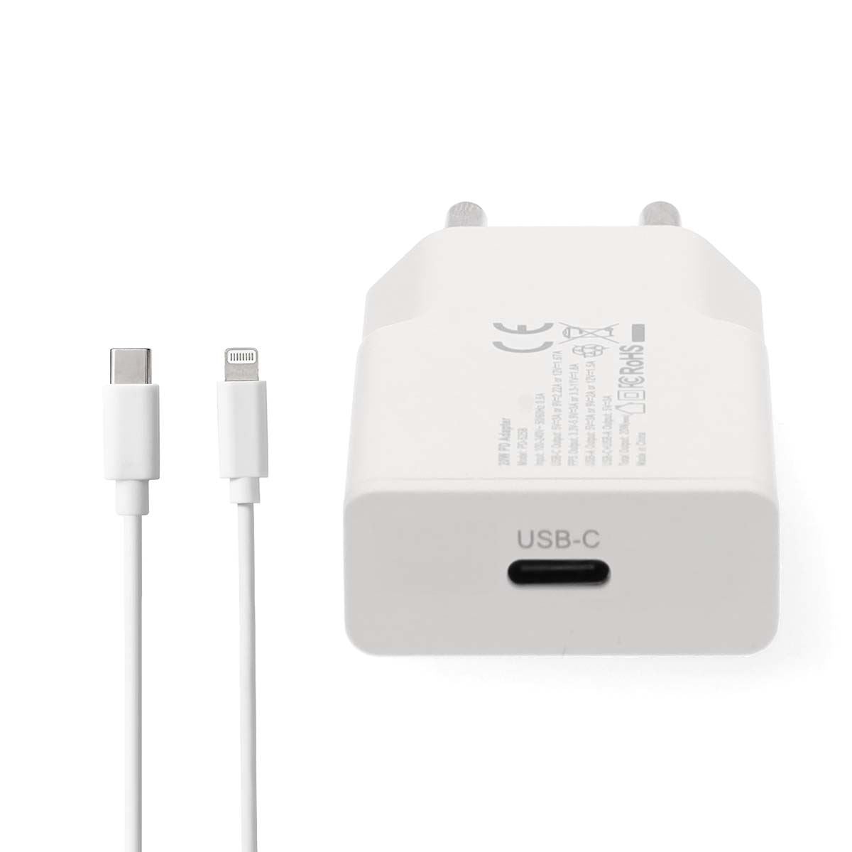 Nedis EU Euro Travel Wall Charger | 20 W | GaN | PD3.0 | Quick charge feature | 1.67 / 2.22 / 3.0 A | Number of outputs: 1 | USB-C™ | Lightning 8-Pin (Loose) Cable | 1.00 m | Automatic Voltage Selection | White