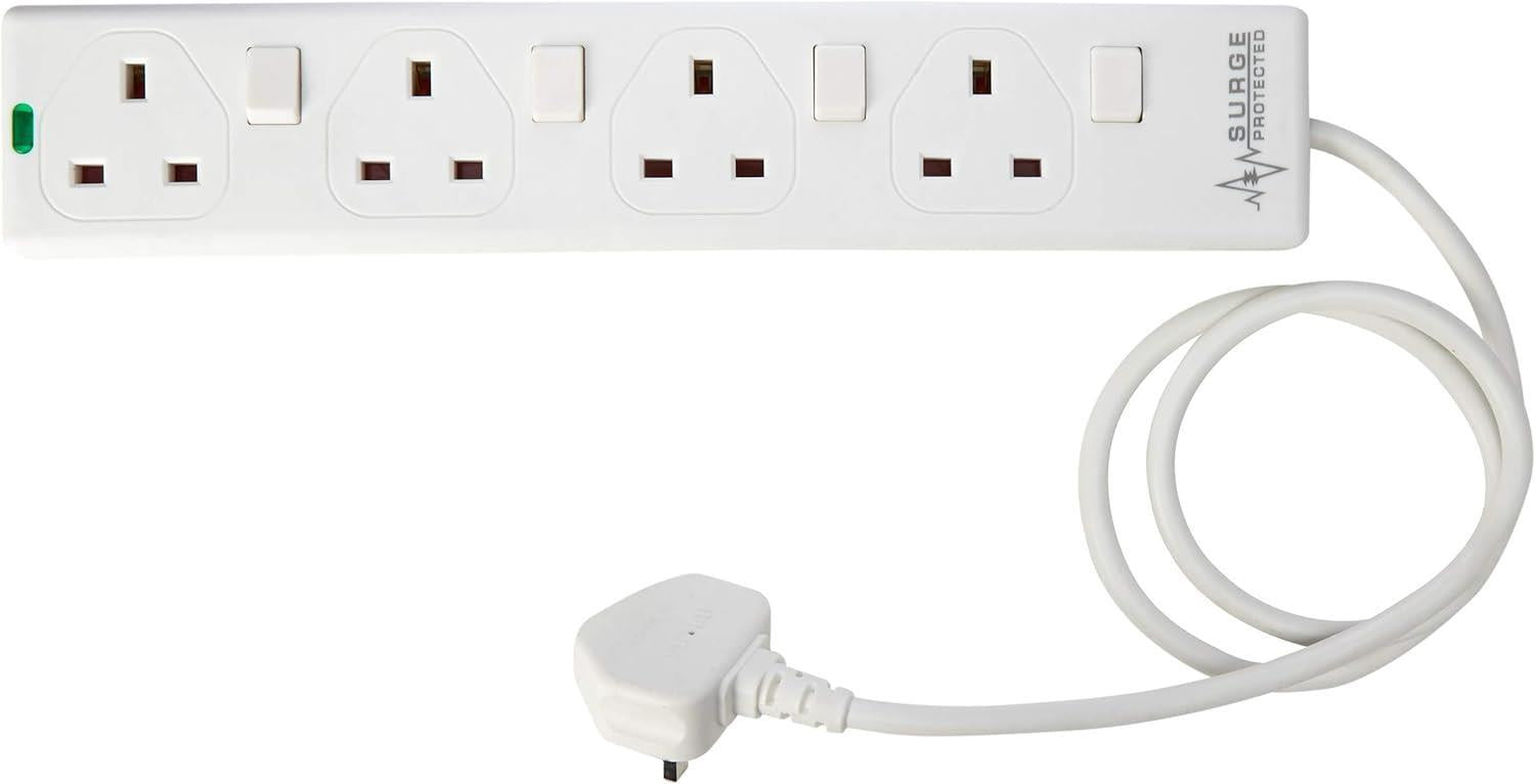 4 Gang 3m Mains Extension Lead Socket Individually Switched 13A with Surge Potection - White