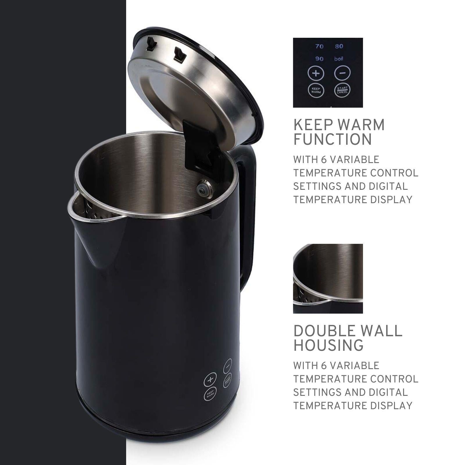 Nedis Electric Kettle 1.7L, Digital Temp Control 50-100oC, Keep Warm Function, 360 Degree Cordless Base, Black