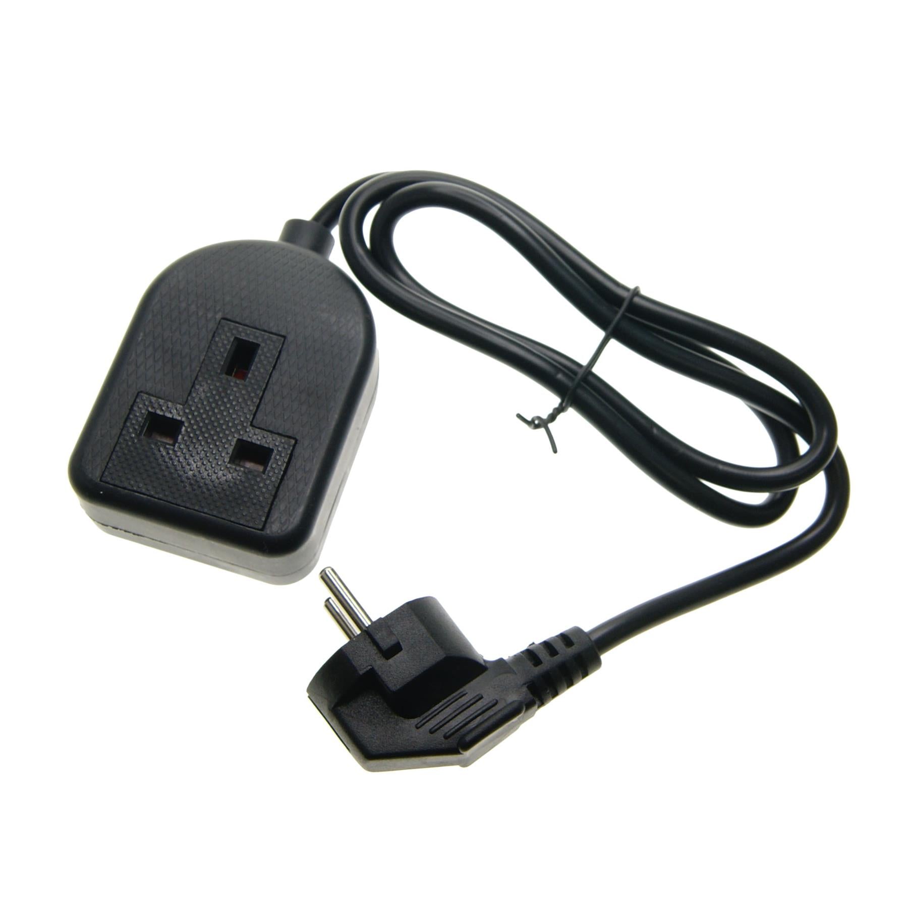 Euro EU French 0.8m Schuko Plug to 1 Gang Black 13A UK Socket Hybrid Generator Adapter Fly Lead for Caravan Motor Home