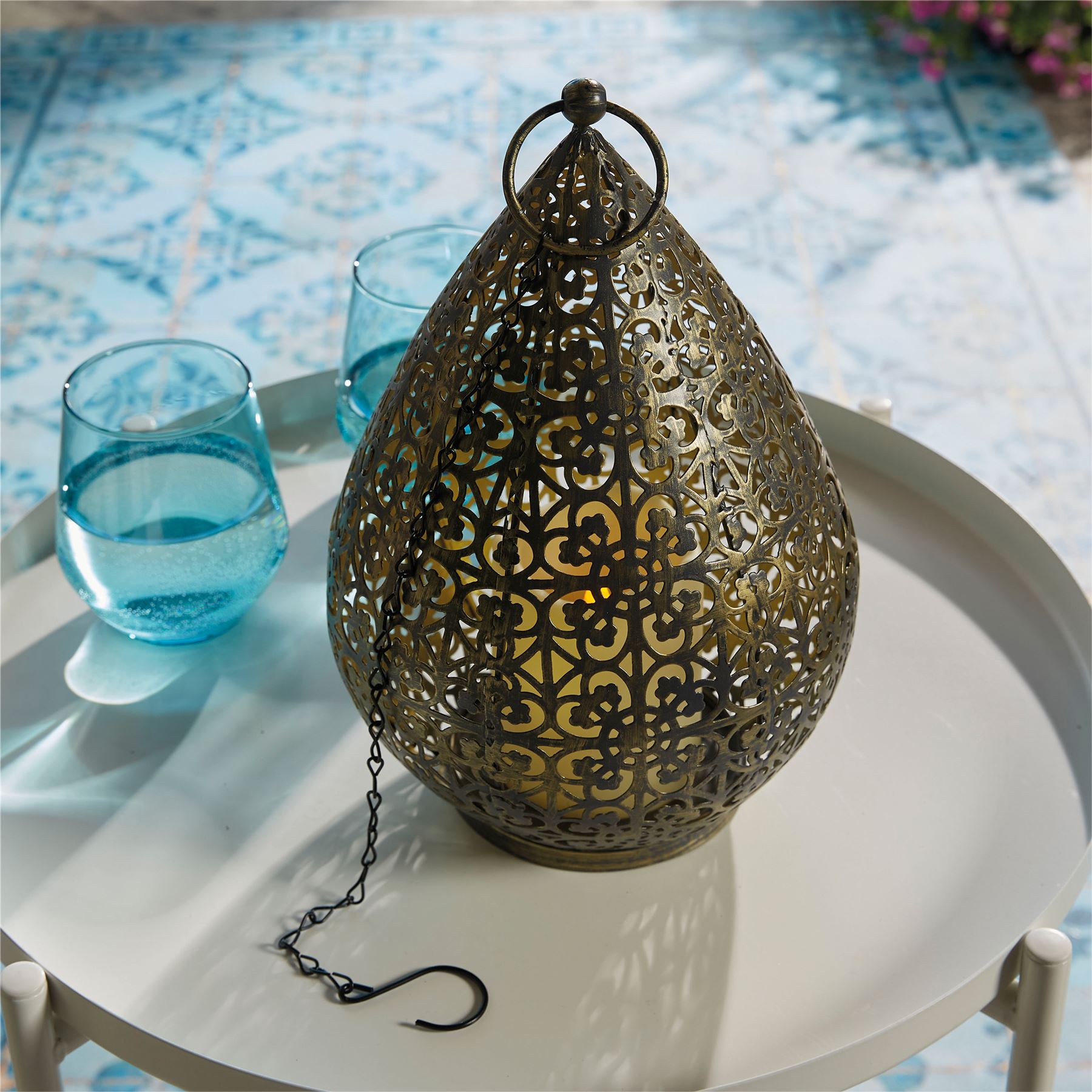 Moroccan Style LED Hanging Light Lantern USB Rechargeable Outdoor Warm White with Timer - Antique Bronze