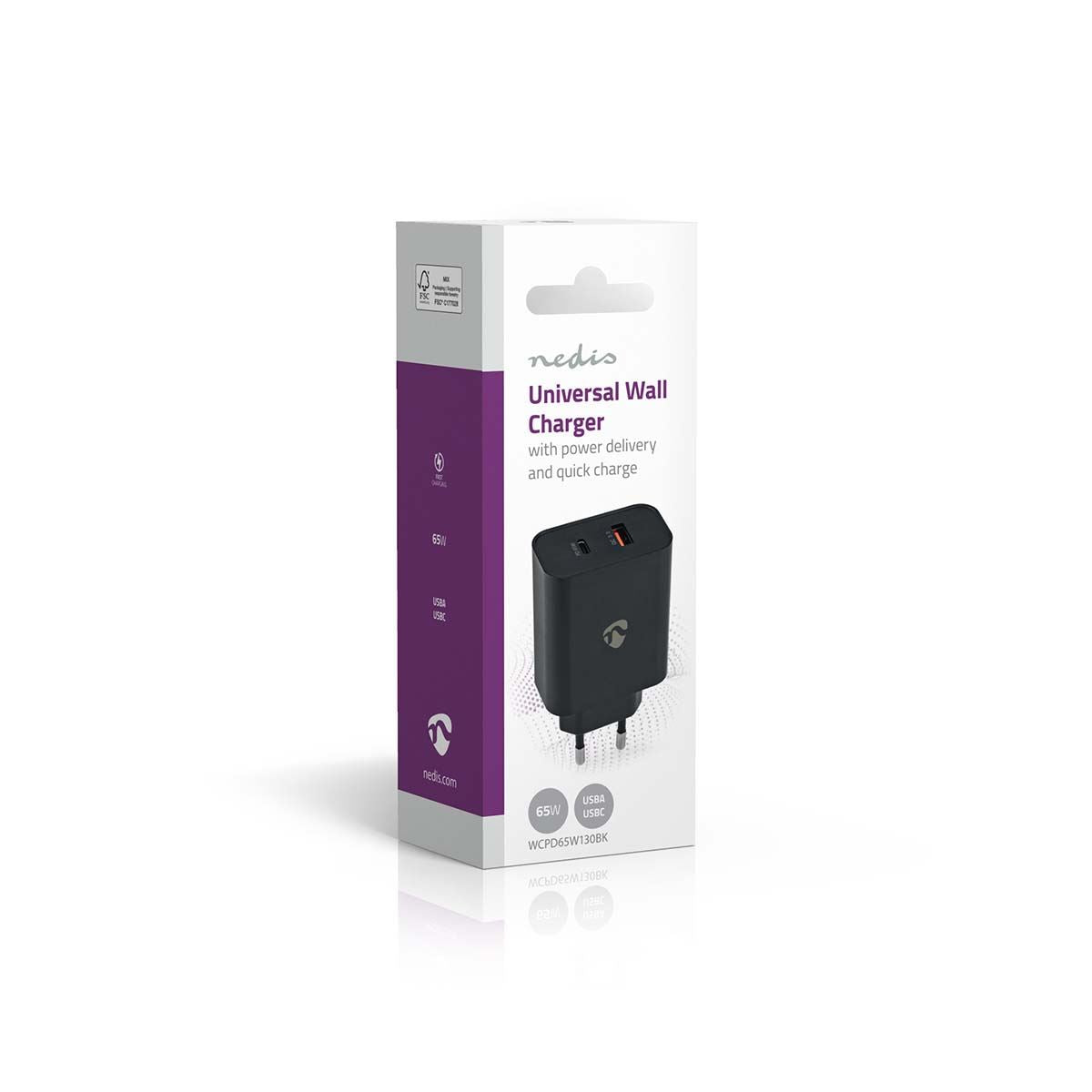 Nedis EU Euro Travel Wall Charger| 65 W | Quick charge feature | 2.0 / 2.25 / 3.25 A | Number of outputs: 2 | USB-A / USB-C™ | Automatic Voltage Selection | Black