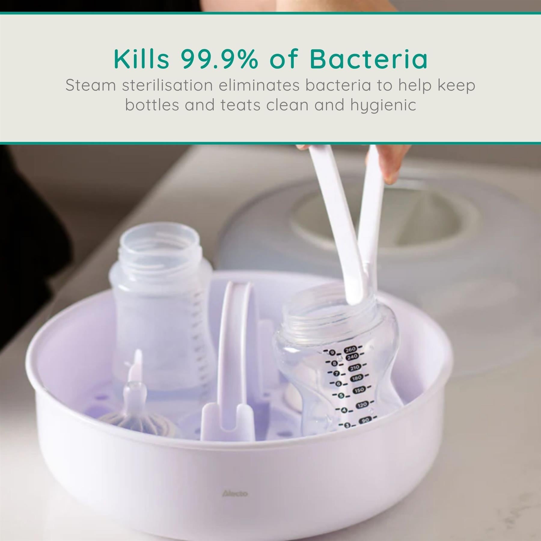 Alecto Microwave Steam Steriliser for Baby Bottles, Soothers, Breast Pumps and Feeding Accessories, Kills Viruses and 99.9% of Harmful Bacteria, 4-Minute Sterilisation Cycle